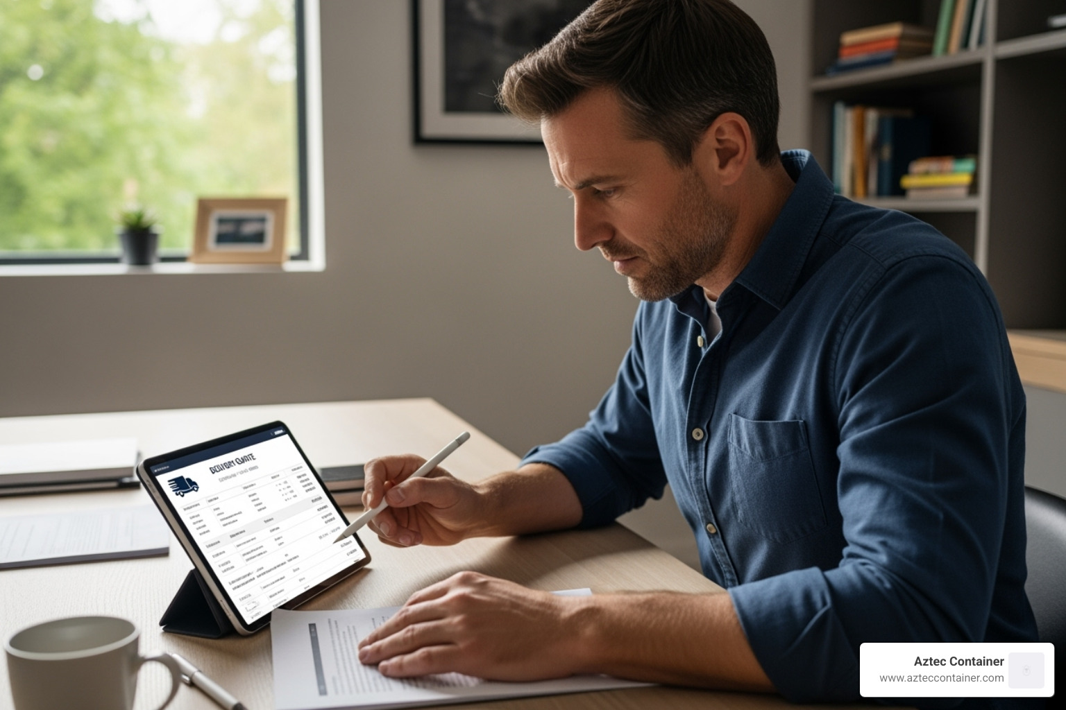 person reviewing delivery quote - shipping container delivery person reviewing delivery quote - shipping container delivery
