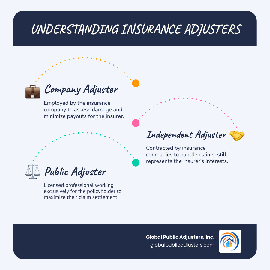 Infographic showing three types of insurance adjusters: Company Adjusters who work for the insurance company to minimize payouts, Independent Adjusters who are hired by insurance companies as contractors, and Public Adjusters who work exclusively for policyholders to maximize settlements and ensure fair compensation - public adjusting firms near me infographic infographic-line-3-steps-blues-accent_colors Infographic showing three types of insurance adjusters: Company Adjusters who work for the insurance company to minimize payouts, Independent Adjusters who are hired by insurance companies as contractors, and Public Adjusters who work exclusively for policyholders to maximize settlements and ensure fair compensation - public adjusting firms near me infographic infographic-line-3-steps-blues-accent_colors