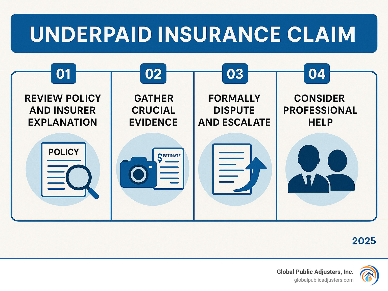 Infographic showing the four main steps to dispute an underpaid insurance claim: Step 1 - Review policy and insurer explanation, Step 2 - Gather crucial evidence including photos and estimates, Step 3 - Formally dispute and escalate through appeals, Step 4 - Consider professional help from public adjusters or attorneys - Underpaid insurance claim infographic  Infographic showing the four main steps to dispute an underpaid insurance claim: Step 1 - Review policy and insurer explanation, Step 2 - Gather crucial evidence including photos and estimates, Step 3 - Formally dispute and escalate through appeals, Step 4 - Consider professional help from public adjusters or attorneys - Underpaid insurance claim infographic