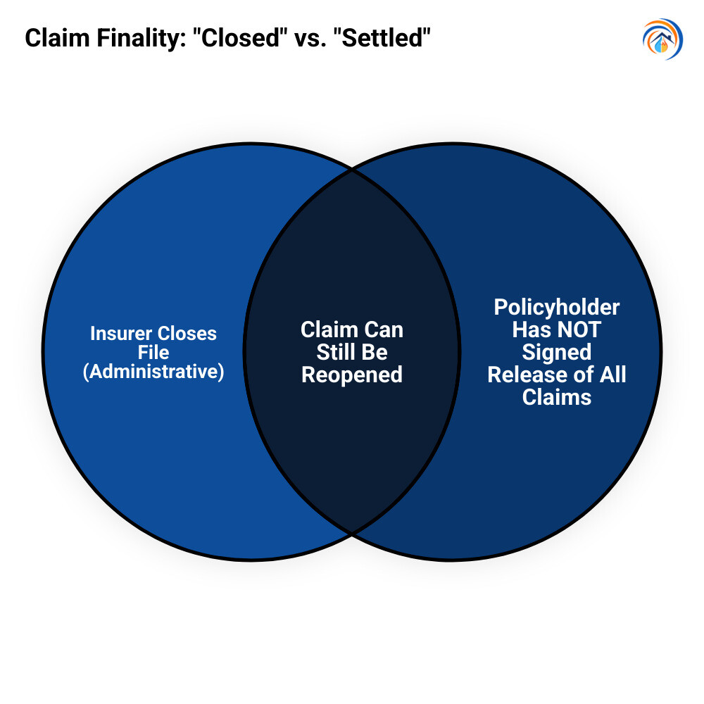 Infographic showing the difference between an insurance company closing a file administratively versus a policyholder signing a legal release of all claims document, with arrows indicating when claims can still be reopened versus when they become final settlements - Reopen insurance claim infographic venn_diagram Infographic showing the difference between an insurance company closing a file administratively versus a policyholder signing a legal release of all claims document, with arrows indicating when claims can still be reopened versus when they become final settlements - Reopen insurance claim infographic venn_diagram