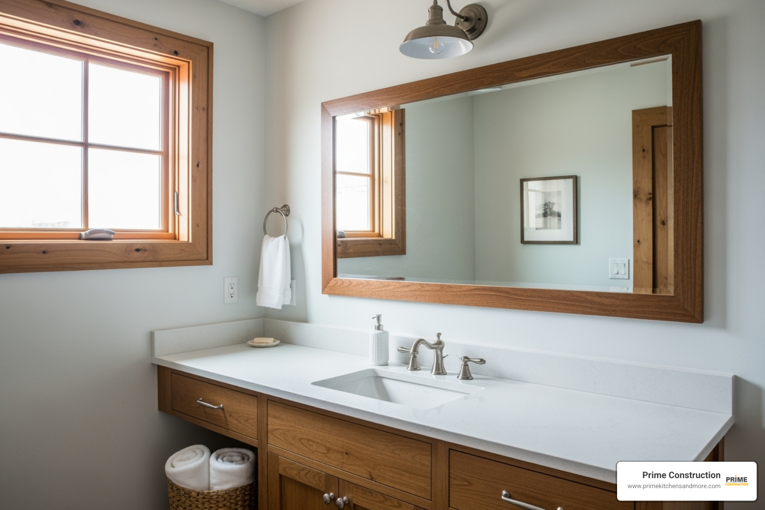 farmhouse-style bathroom with a simple white quartz countertop and dark wood vanity - quartz bathroom countertops farmhouse-style bathroom with a simple white quartz countertop and dark wood vanity - quartz bathroom countertops