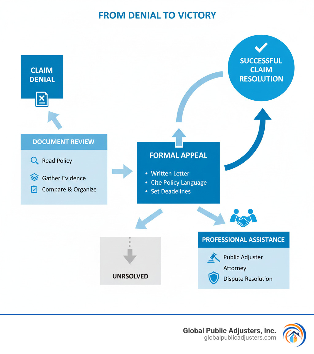Infographic showing the path from insurance claim denial through documentation review, formal appeal process, and professional assistance options leading to successful claim resolution - fighting a denied insurance claim infographic Infographic showing the path from insurance claim denial through documentation review, formal appeal process, and professional assistance options leading to successful claim resolution - fighting a denied insurance claim infographic