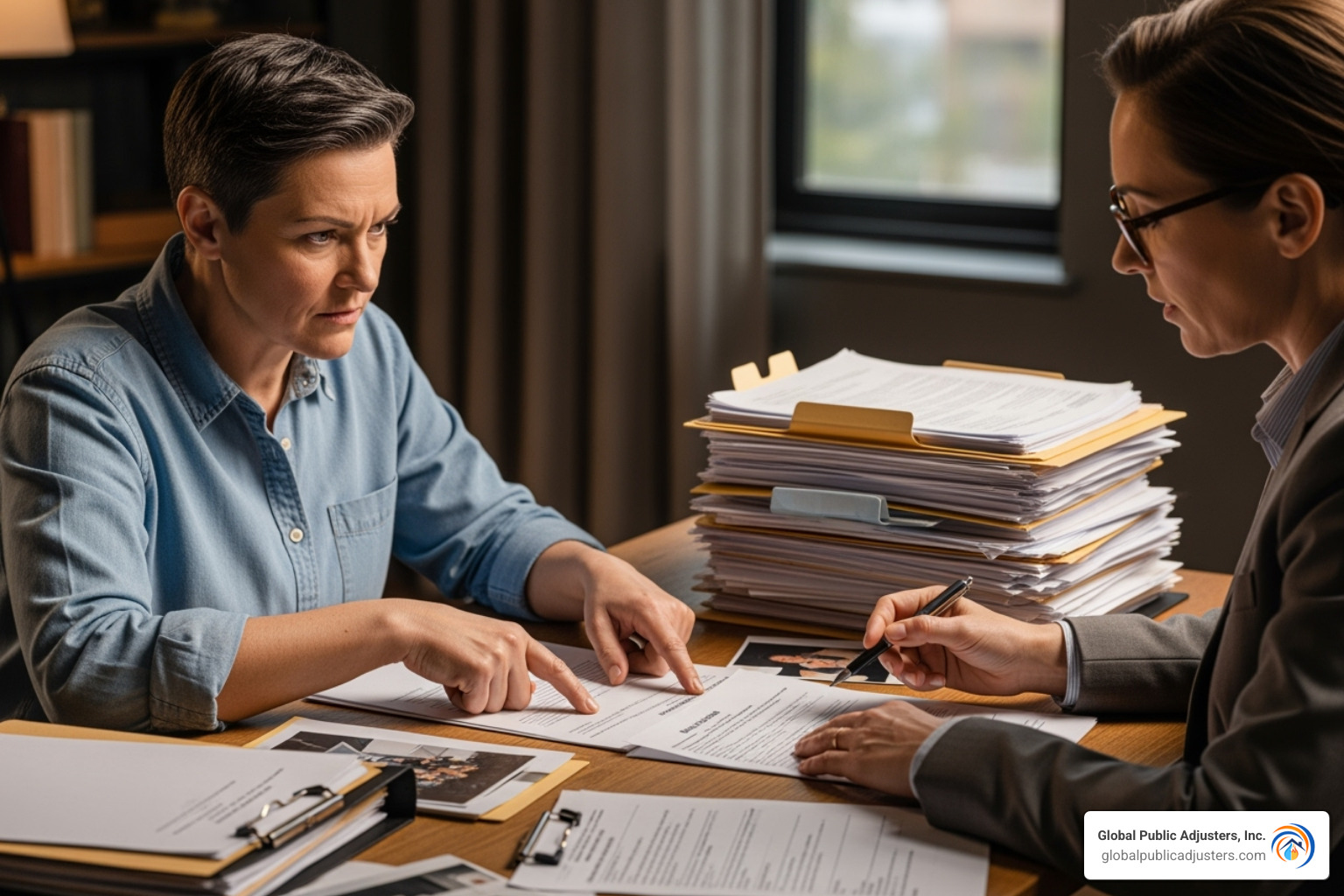 A determined policyholder reviewing documents with a public adjuster - fighting a denied insurance claim A determined policyholder reviewing documents with a public adjuster - fighting a denied insurance claim