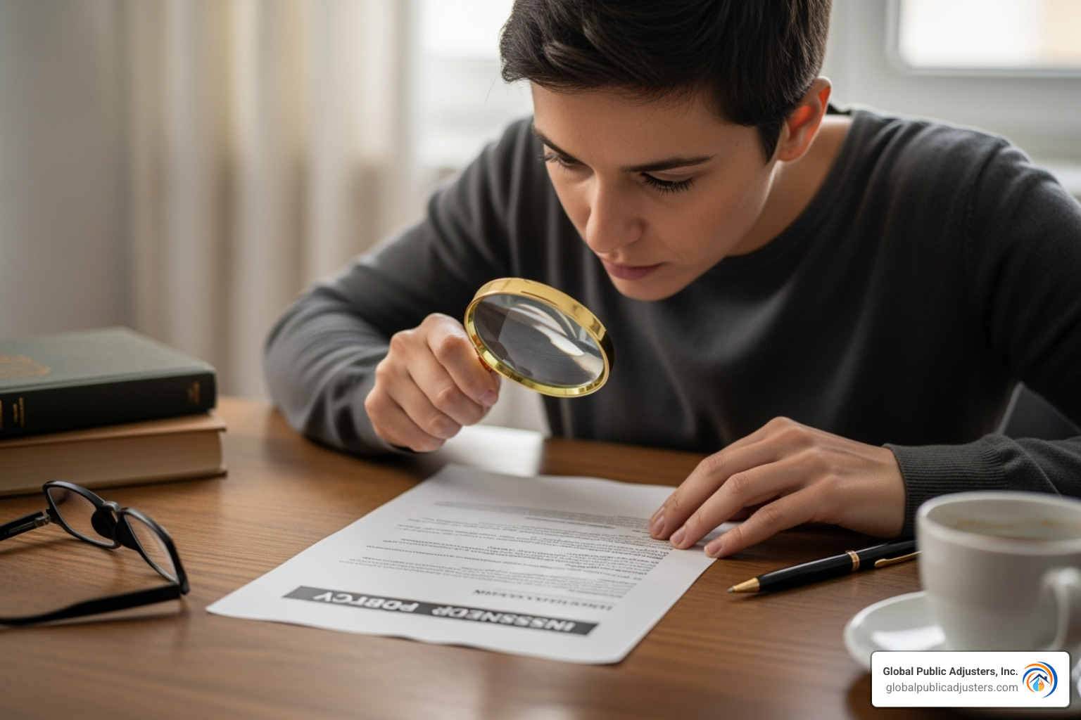 A person carefully reading an insurance policy with a magnifying glass - fighting a denied insurance claim A person carefully reading an insurance policy with a magnifying glass - fighting a denied insurance claim
