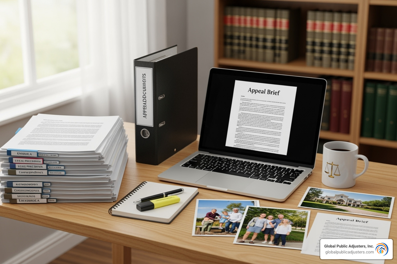 An organized desk with documents, photos, and a laptop, ready for an appeal - fighting a denied insurance claim An organized desk with documents, photos, and a laptop, ready for an appeal - fighting a denied insurance claim