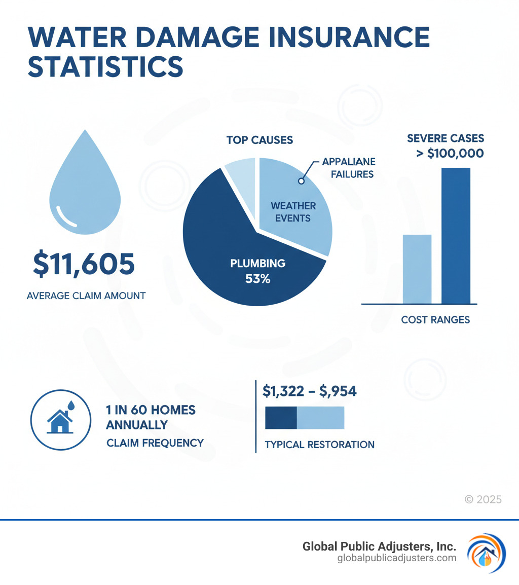 Comprehensive infographic showing water damage insurance statistics including average claim amount of $11,605, frequency of 1 in 60 homes annually, breakdown of top causes (plumbing 53%, weather events, appliance failures), and restoration cost ranges from $1,322 to $5,954 with severe cases exceeding $100,000 - average insurance claim for water damage infographic Comprehensive infographic showing water damage insurance statistics including average claim amount of $11,605, frequency of 1 in 60 homes annually, breakdown of top causes (plumbing 53%, weather events, appliance failures), and restoration cost ranges from $1,322 to $5,954 with severe cases exceeding $100,000 - average insurance claim for water damage infographic