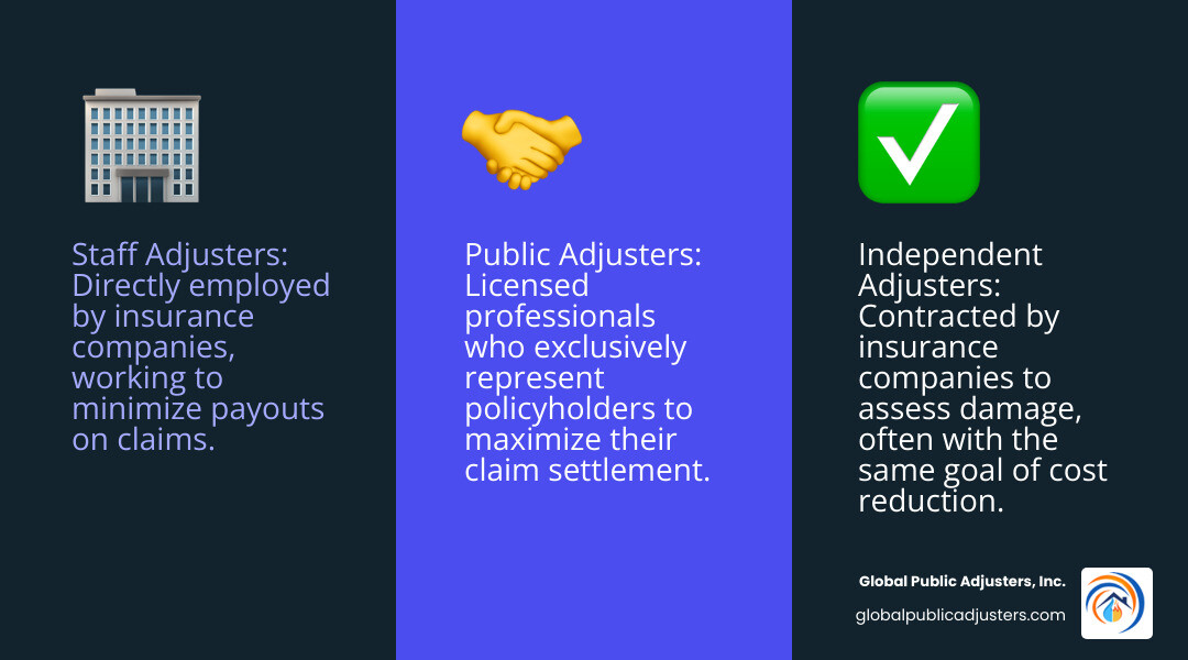 infographic showing three types of insurance adjusters: staff adjusters work for insurance companies and aim to minimize payouts, independent adjusters are contractors hired by insurance companies with same goals, and public adjusters work exclusively for policyholders to maximize settlements - public adjusters pensacola florida loss infographic 3_facts_emoji_blue infographic showing three types of insurance adjusters: staff adjusters work for insurance companies and aim to minimize payouts, independent adjusters are contractors hired by insurance companies with same goals, and public adjusters work exclusively for policyholders to maximize settlements - public adjusters pensacola florida loss infographic 3_facts_emoji_blue