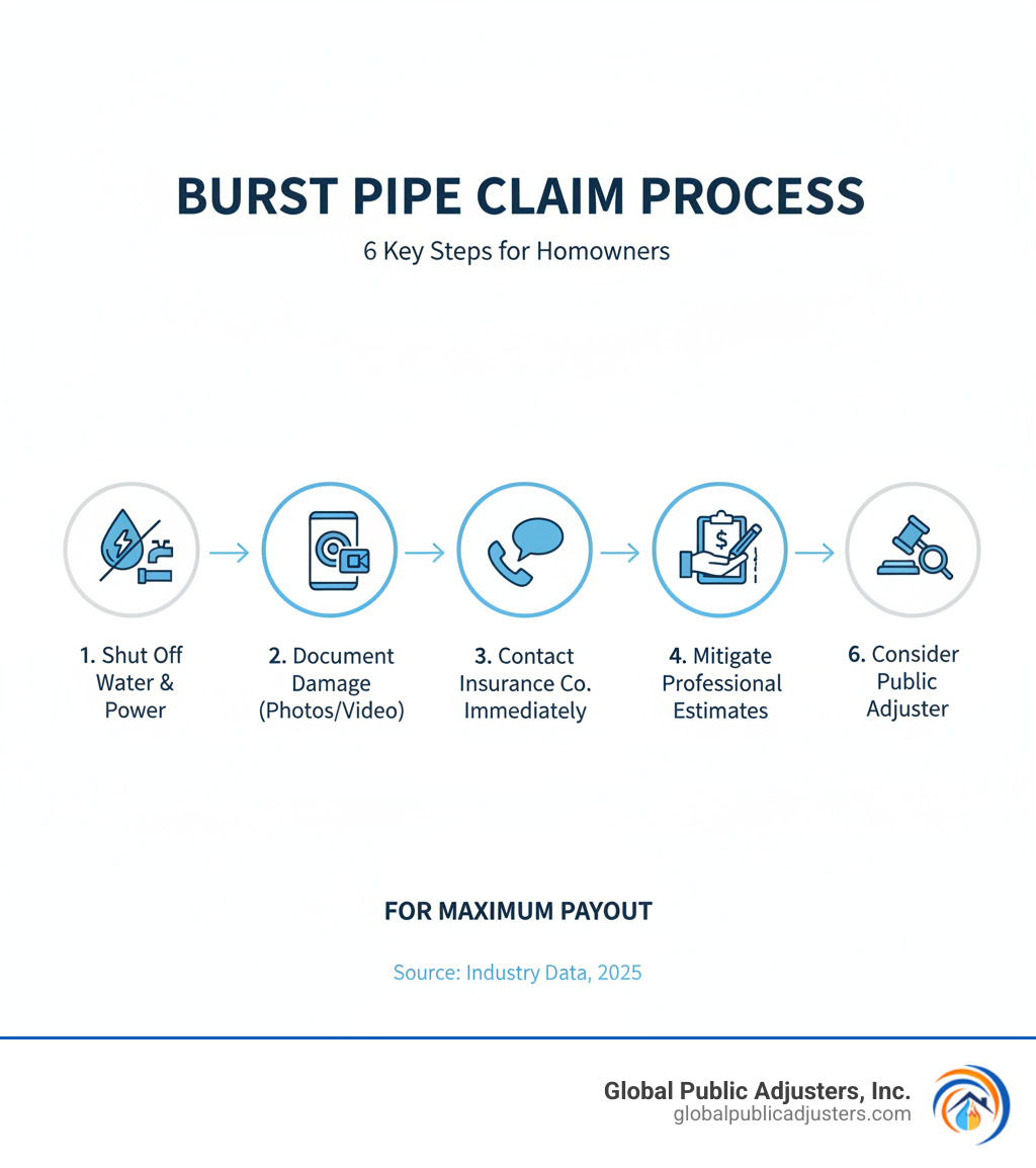 Infographic showing burst pipe claim process: 1) Shut off water and electricity, 2) Document damage with photos/video, 3) Contact insurance company immediately, 4) Mitigate further damage, 5) Get professional estimates, 6) Consider hiring a public adjuster for maximum payout - average insurance claim for burst pipe infographic Infographic showing burst pipe claim process: 1) Shut off water and electricity, 2) Document damage with photos/video, 3) Contact insurance company immediately, 4) Mitigate further damage, 5) Get professional estimates, 6) Consider hiring a public adjuster for maximum payout - average insurance claim for burst pipe infographic