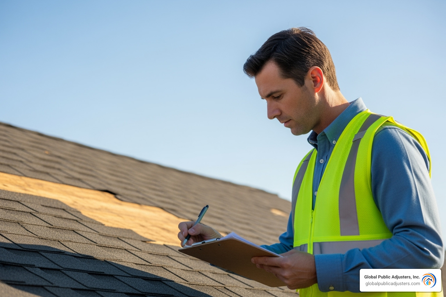 public adjuster inspecting damaged roof with clipboard - public adjusters pensacola florida loss public adjuster inspecting damaged roof with clipboard - public adjusters pensacola florida loss