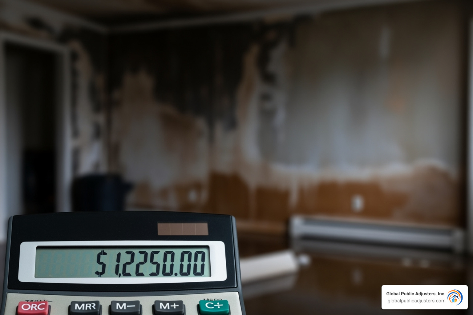 A calculator showing a dollar amount over a backdrop of water damage - average insurance claim for burst pipe A calculator showing a dollar amount over a backdrop of water damage - average insurance claim for burst pipe