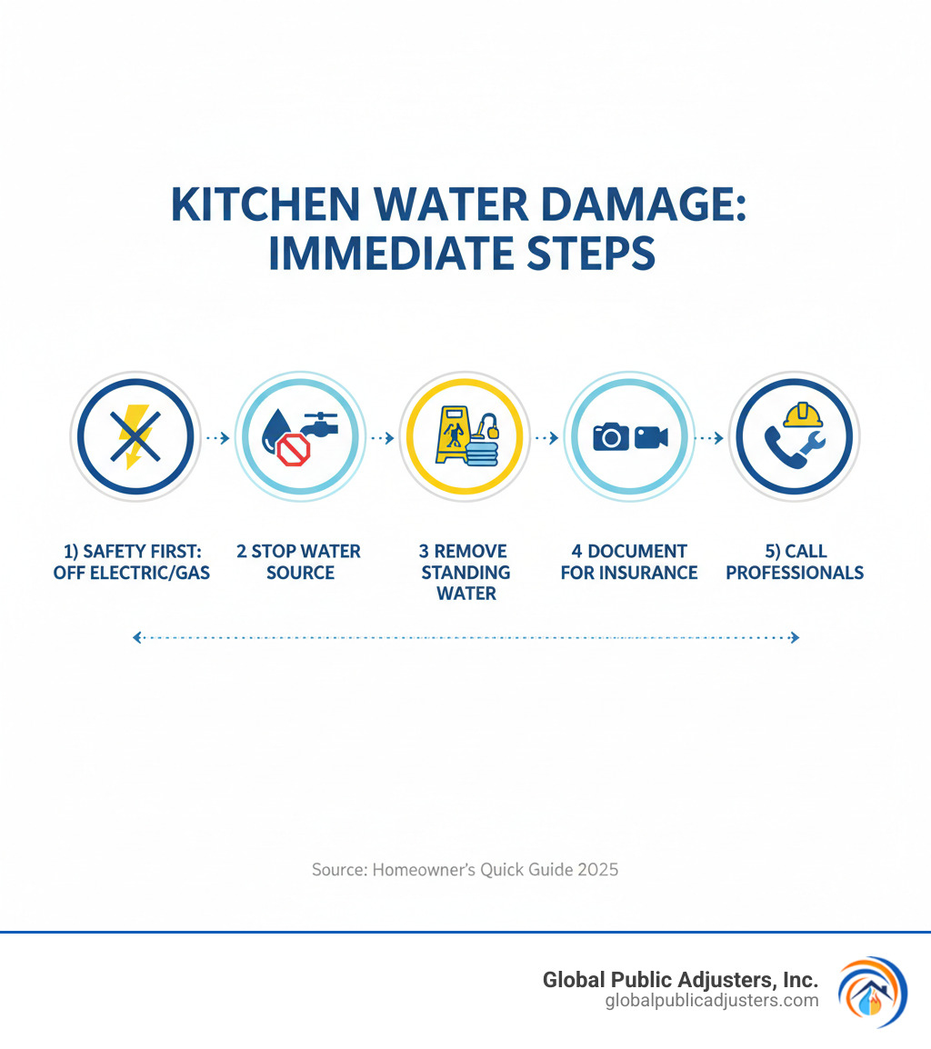 Infographic showing immediate response steps for kitchen water damage: 1) Safety first - turn off electricity and gas if needed, 2) Stop water source at appliance or main valve, 3) Remove standing water with shop vac or towels, 4) Take photos and videos for insurance documentation, 5) Call professionals for contaminated water or extensive damage - kitchen water damage repair infographic  Infographic showing immediate response steps for kitchen water damage: 1) Safety first - turn off electricity and gas if needed, 2) Stop water source at appliance or main valve, 3) Remove standing water with shop vac or towels, 4) Take photos and videos for insurance documentation, 5) Call professionals for contaminated water or extensive damage - kitchen water damage repair infographic