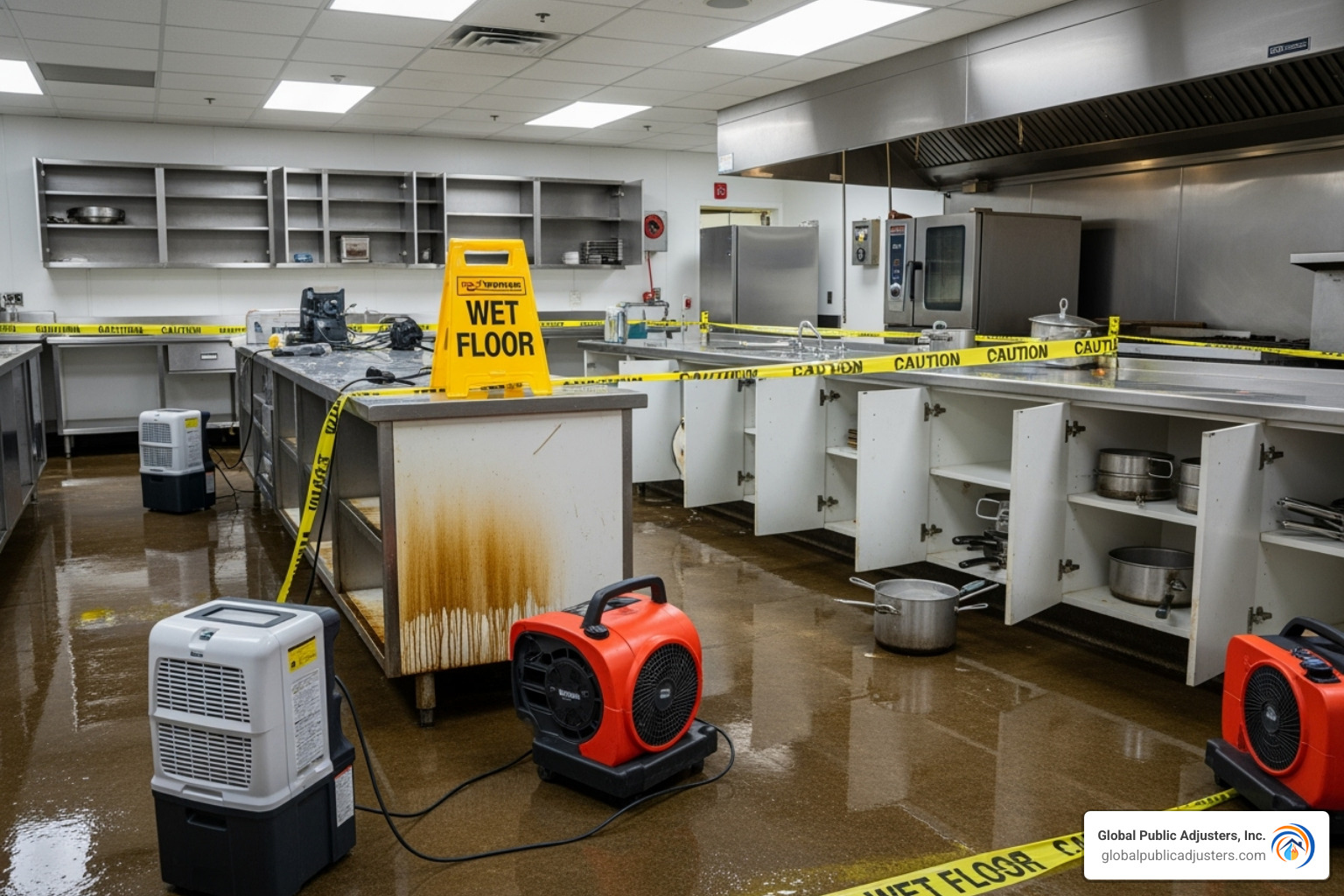 Dehumidifiers and fans set up in a kitchen - kitchen water damage repair Dehumidifiers and fans set up in a kitchen - kitchen water damage repair