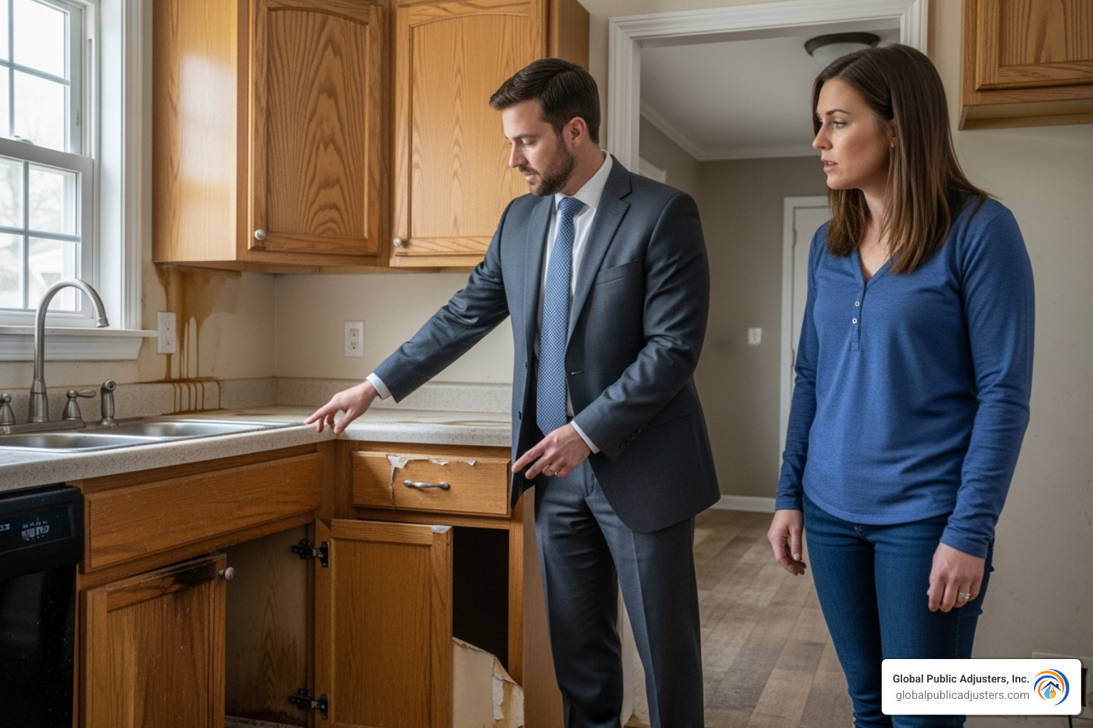 A public adjuster inspecting kitchen damage with a homeowner - kitchen water damage repair A public adjuster inspecting kitchen damage with a homeowner - kitchen water damage repair