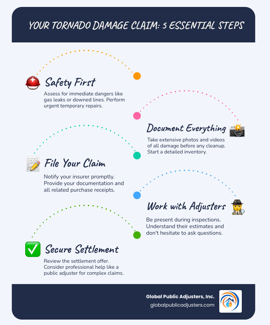 Infographic showing the 5 key stages of tornado damage claims: Stage 1 - Safety assessment and emergency repairs, Stage 2 - Comprehensive damage documentation with photos and videos, Stage 3 - Filing your claim with detailed inventory and receipts, Stage 4 - Working with insurance adjusters during property inspection and estimate review, Stage 5 - Settlement negotiation and final claim resolution - tornado damage claims infographic infographic-line-5-steps-blues-accent_colors Infographic showing the 5 key stages of tornado damage claims: Stage 1 - Safety assessment and emergency repairs, Stage 2 - Comprehensive damage documentation with photos and videos, Stage 3 - Filing your claim with detailed inventory and receipts, Stage 4 - Working with insurance adjusters during property inspection and estimate review, Stage 5 - Settlement negotiation and final claim resolution - tornado damage claims infographic infographic-line-5-steps-blues-accent_colors