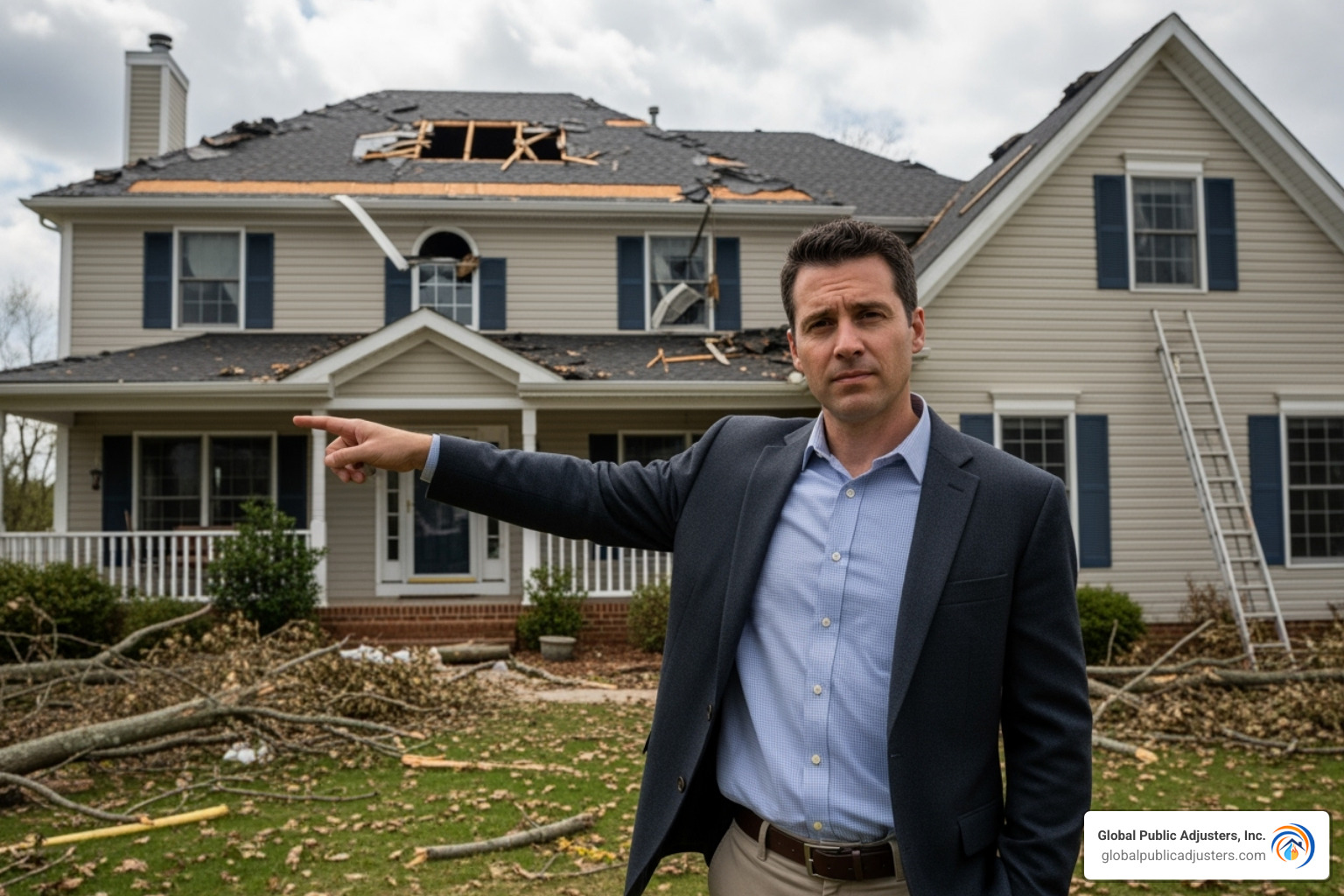 Public adjuster pointing to damaged roof - tornado damage claims Public adjuster pointing to damaged roof - tornado damage claims