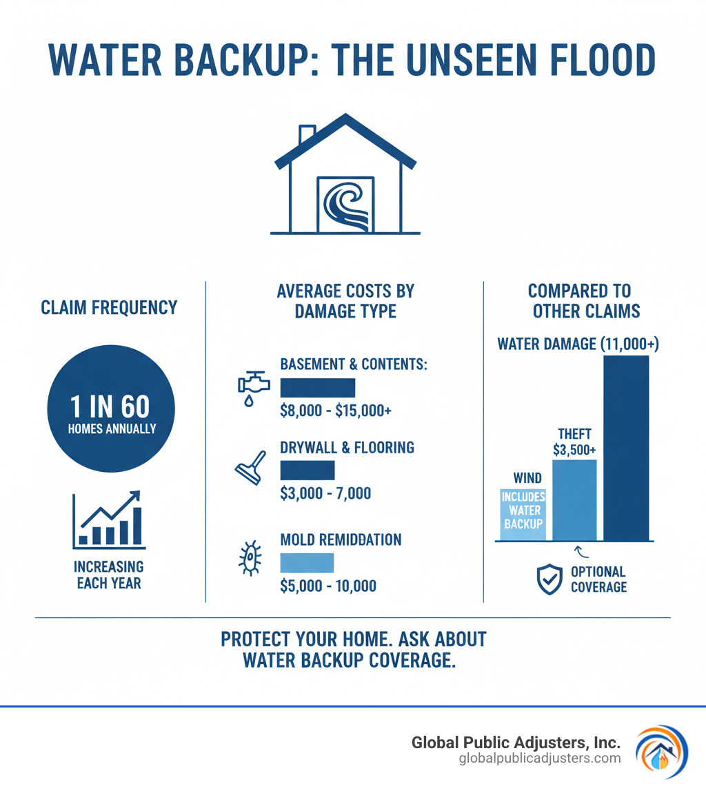 Infographic showing water backup claim frequency, average costs by damage type, and comparison to other common homeowners insurance claims like fire, theft, and wind damage - average water backup claim infographic Infographic showing water backup claim frequency, average costs by damage type, and comparison to other common homeowners insurance claims like fire, theft, and wind damage - average water backup claim infographic
