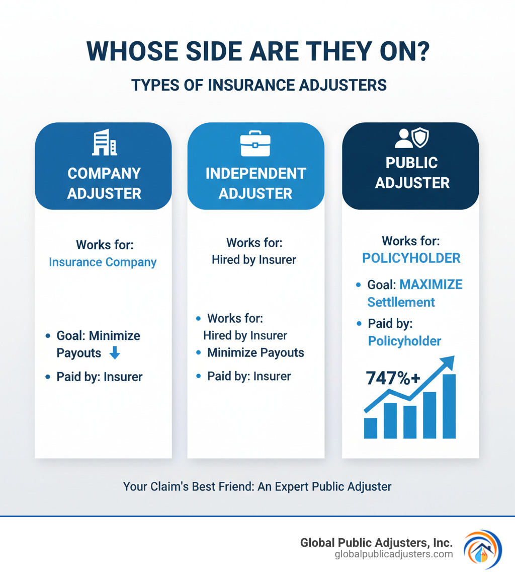 Infographic showing three types of insurance adjusters: Company Adjuster (works for insurance company, goal is to minimize payouts, paid by insurer), Independent Adjuster (hired by insurance company, goal is to minimize payouts, paid by insurer), and Public Adjuster (works for policyholder, goal is to maximize settlement, paid by policyholder) - expert public adjuster infographic Infographic showing three types of insurance adjusters: Company Adjuster (works for insurance company, goal is to minimize payouts, paid by insurer), Independent Adjuster (hired by insurance company, goal is to minimize payouts, paid by insurer), and Public Adjuster (works for policyholder, goal is to maximize settlement, paid by policyholder) - expert public adjuster infographic