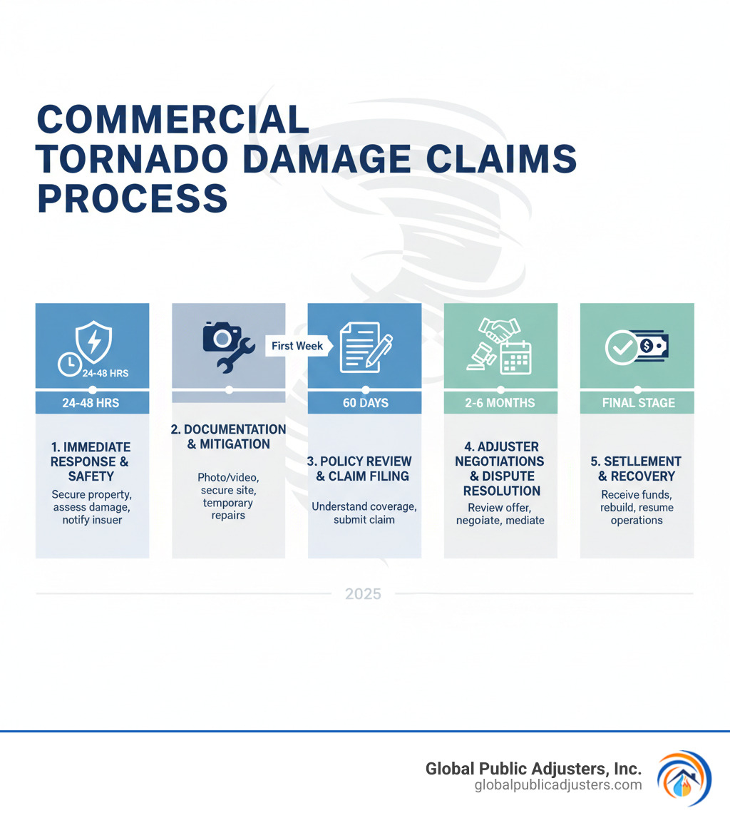Commercial tornado damage claims process infographic showing 5 key stages: 1) Immediate Response and Safety (first 24-48 hours), 2) Documentation and Mitigation (first week), 3) Policy Review and Claim Filing (within 60 days), 4) Adjuster Negotiations and Dispute Resolution (2-6 months), and 5) Settlement and Recovery (final stage) - commercial tornado damage claims infographic Commercial tornado damage claims process infographic showing 5 key stages: 1) Immediate Response and Safety (first 24-48 hours), 2) Documentation and Mitigation (first week), 3) Policy Review and Claim Filing (within 60 days), 4) Adjuster Negotiations and Dispute Resolution (2-6 months), and 5) Settlement and Recovery (final stage) - commercial tornado damage claims infographic