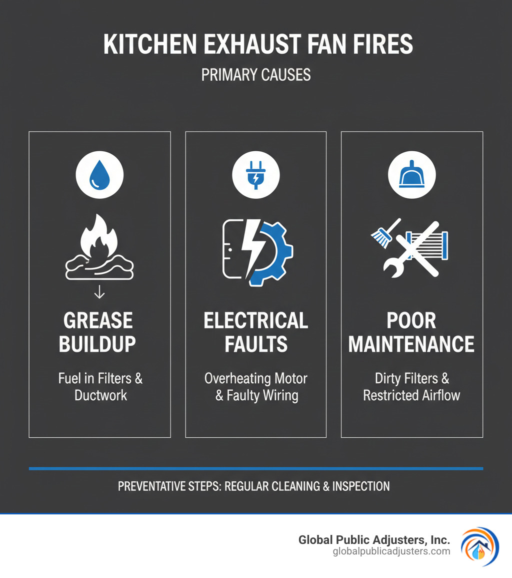 Infographic showing the three main causes of kitchen exhaust fan fires: grease buildup creating fuel load in filters and ductwork, electrical faults from overheating motors and faulty wiring, and poor maintenance including dirty filters and restricted airflow - kitchen exhaust fan fire infographic Infographic showing the three main causes of kitchen exhaust fan fires: grease buildup creating fuel load in filters and ductwork, electrical faults from overheating motors and faulty wiring, and poor maintenance including dirty filters and restricted airflow - kitchen exhaust fan fire infographic