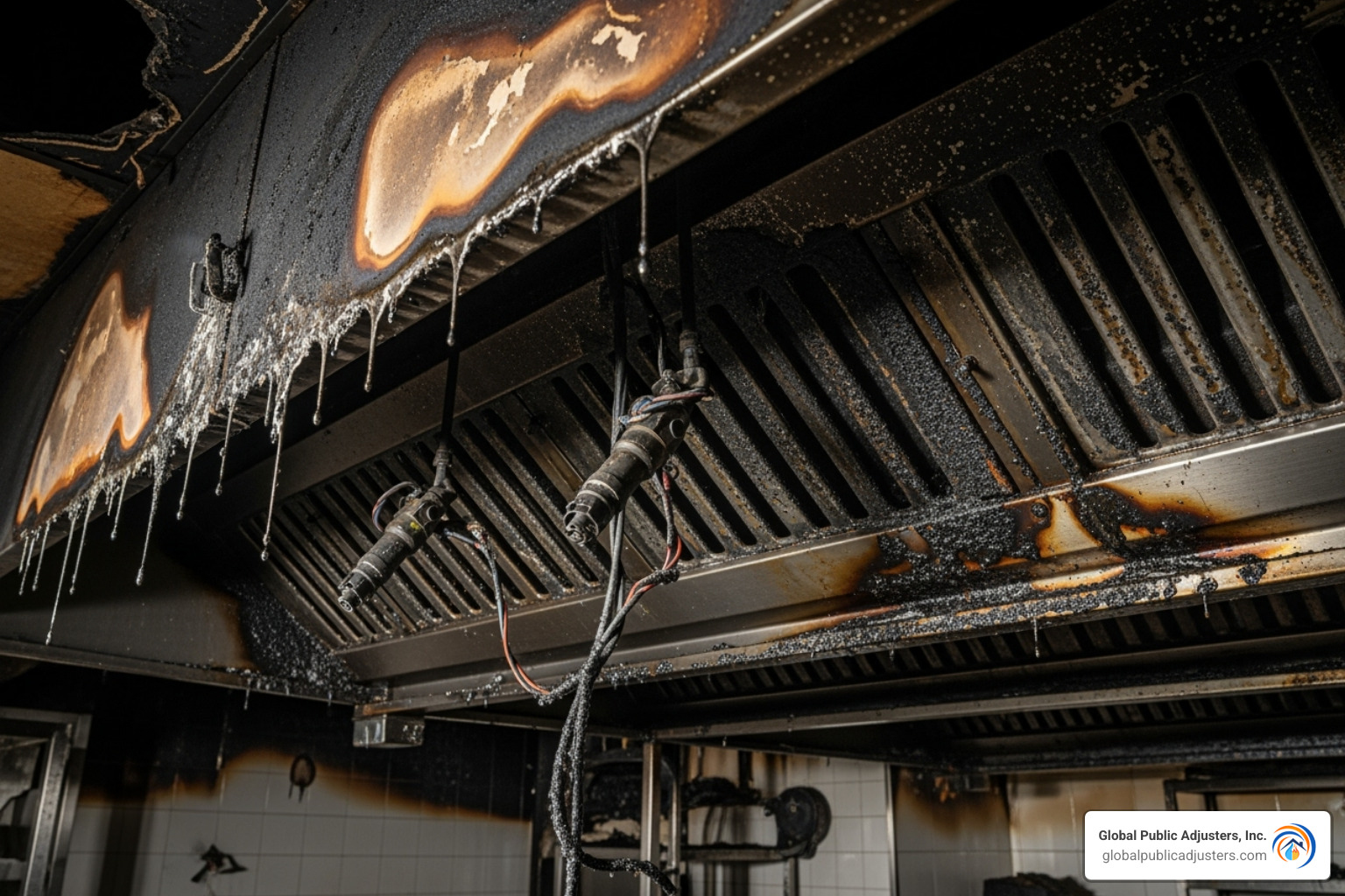 A severely fire-damaged kitchen exhaust system, showing charred components and melted metal - kitchen exhaust fan fire A severely fire-damaged kitchen exhaust system, showing charred components and melted metal - kitchen exhaust fan fire
