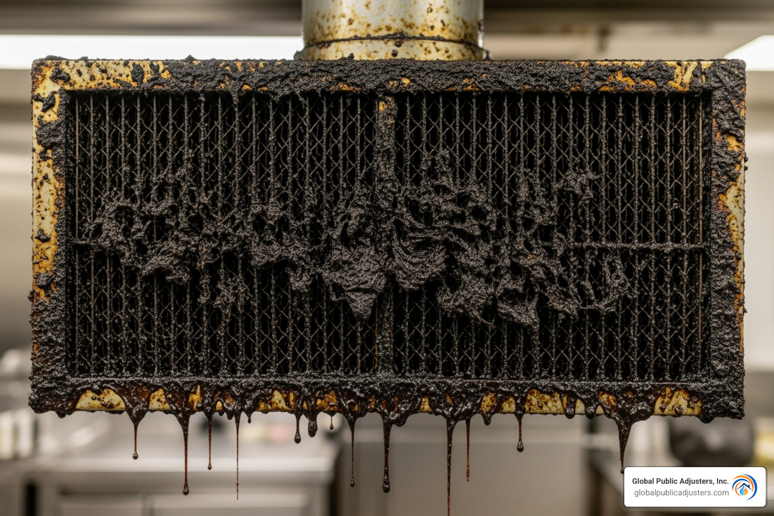 A dangerously greasy exhaust fan filter, clogged with dark, thick grease - kitchen exhaust fan fire A dangerously greasy exhaust fan filter, clogged with dark, thick grease - kitchen exhaust fan fire