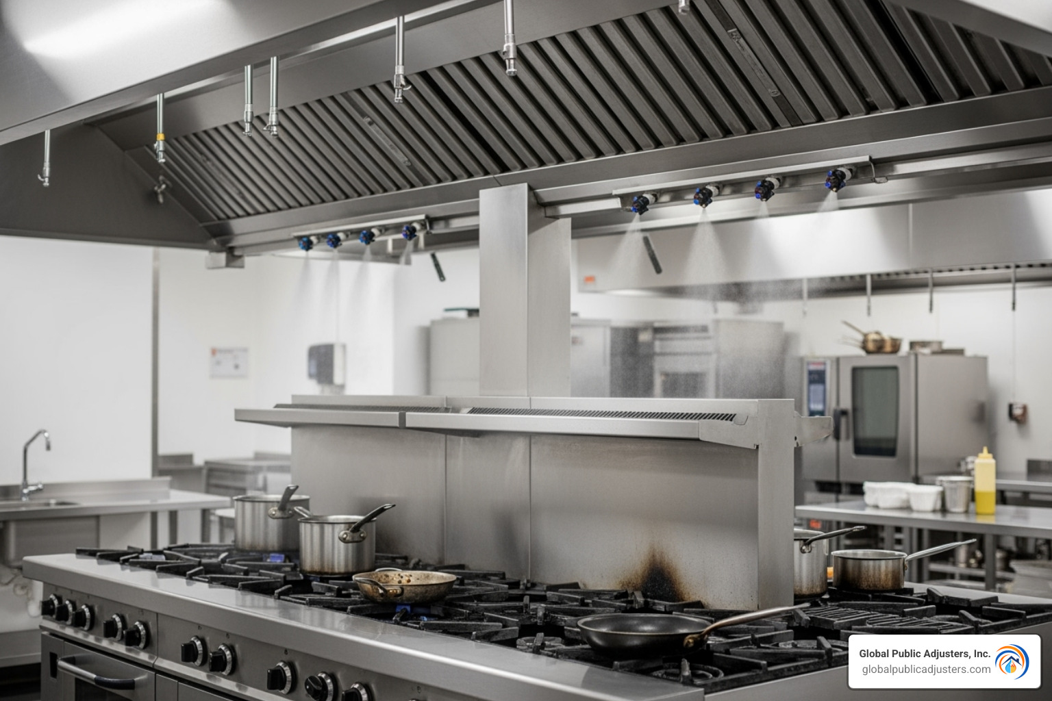 A commercial kitchen hood with integrated fire suppression nozzles, ready to discharge extinguishing agents - kitchen exhaust fan fire A commercial kitchen hood with integrated fire suppression nozzles, ready to discharge extinguishing agents - kitchen exhaust fan fire