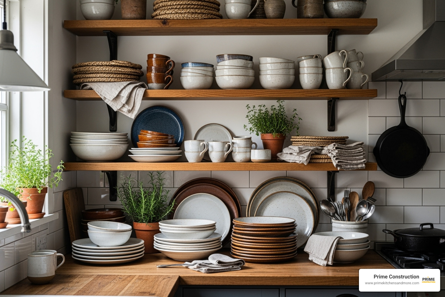 a kitchen with open shelving displaying rustic dinnerware - country small kitchen ideas a kitchen with open shelving displaying rustic dinnerware - country small kitchen ideas