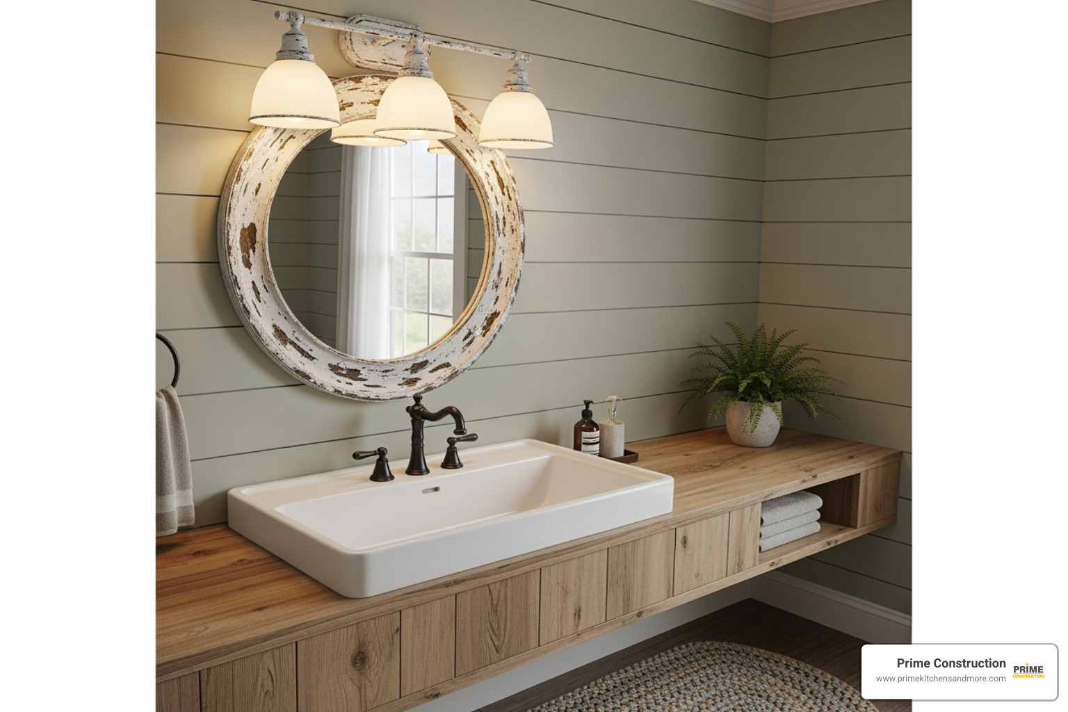 A farmhouse bathroom with a weathered white vanity light - White bathroom lighting A farmhouse bathroom with a weathered white vanity light - White bathroom lighting