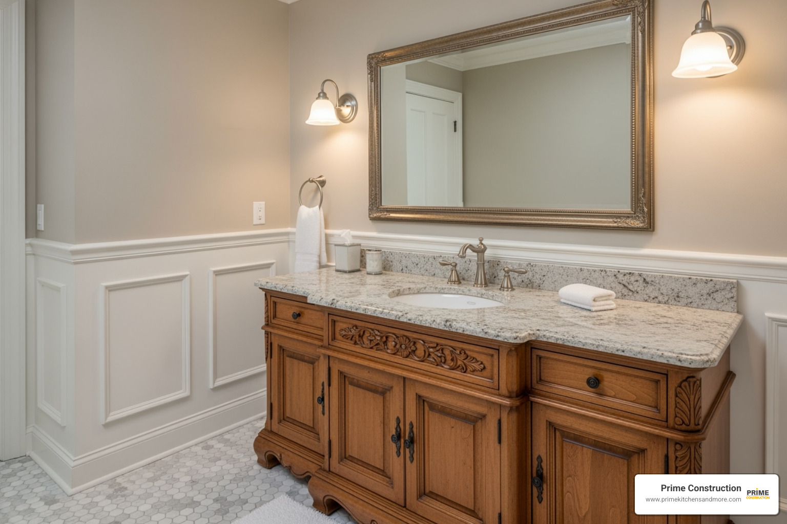 A traditional bathroom with a pair of white sconces flanking a mirror - White bathroom lighting A traditional bathroom with a pair of white sconces flanking a mirror - White bathroom lighting