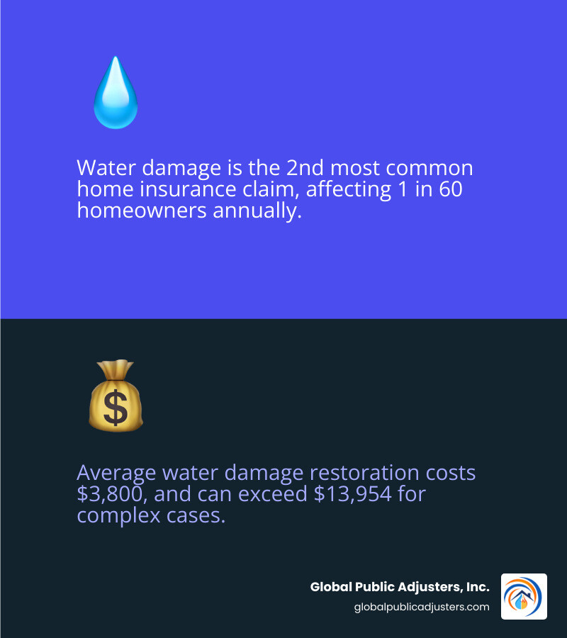 Infographic showing water damage claim statistics: second most common claim type affecting 1 in 60 homeowners yearly, average restoration cost of $3,800, and the key coverage rule of sudden and accidental versus gradual damage - house insurance claim for water damage infographic 2_facts_emoji_blue Infographic showing water damage claim statistics: second most common claim type affecting 1 in 60 homeowners yearly, average restoration cost of $3,800, and the key coverage rule of sudden and accidental versus gradual damage - house insurance claim for water damage infographic 2_facts_emoji_blue