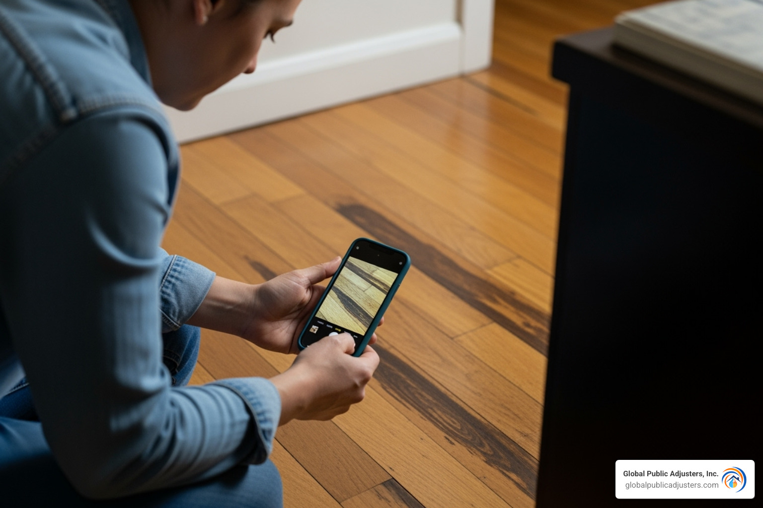 homeowner taking photos of water-damaged flooring with their smartphone - house insurance claim for water damage homeowner taking photos of water-damaged flooring with their smartphone - house insurance claim for water damage