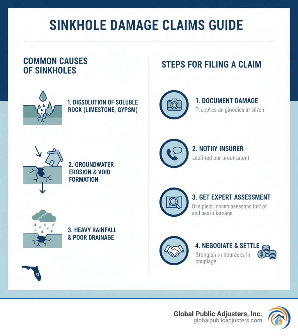 Infographic detailing common causes of sinkholes and a summary of key steps for filing a sinkhole damage claim - sinkhole damage claims infographic Infographic detailing common causes of sinkholes and a summary of key steps for filing a sinkhole damage claim - sinkhole damage claims infographic
