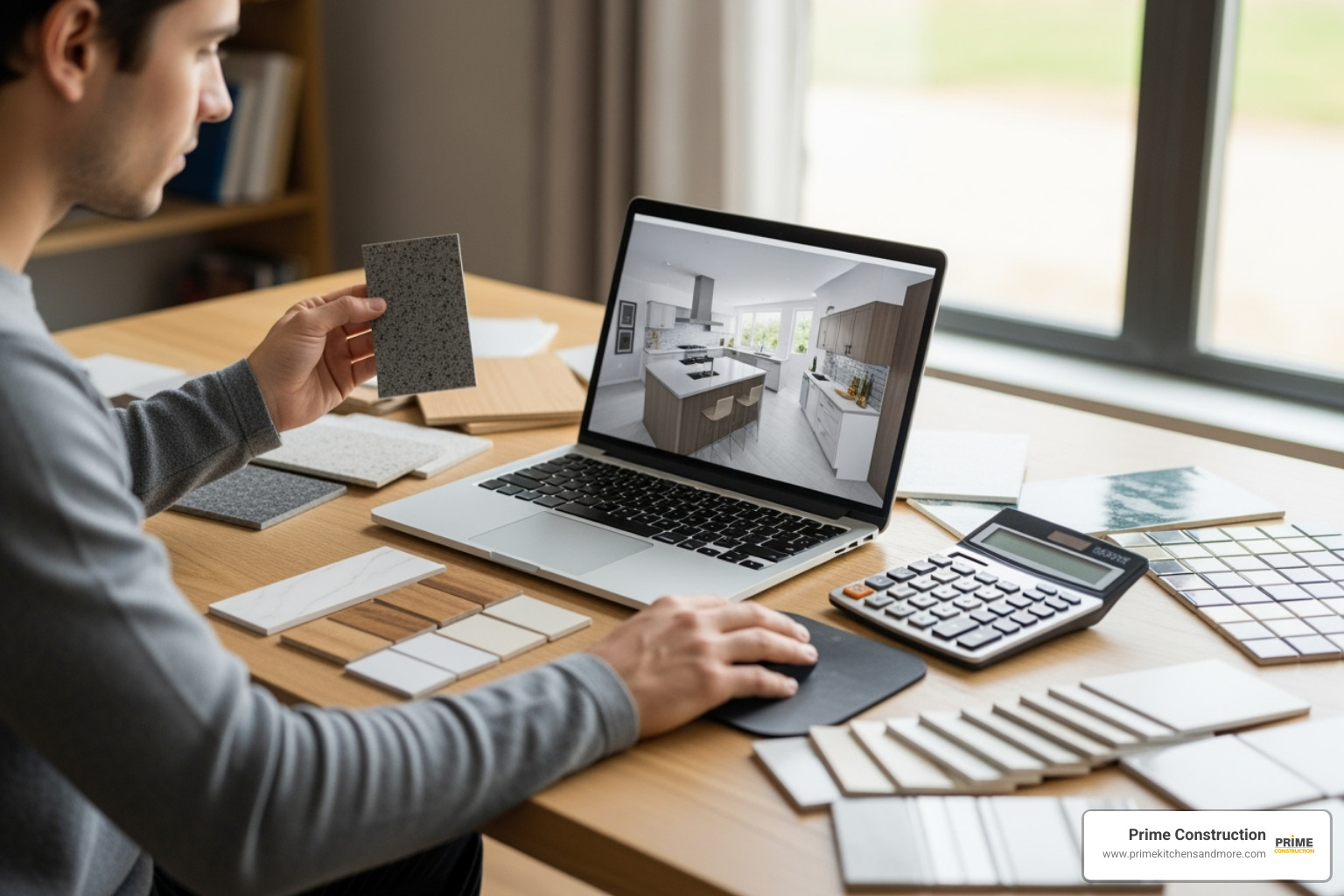 person at table with laptop, calculator, and kitchen design swatches - cost effective kitchen remodel person at table with laptop, calculator, and kitchen design swatches - cost effective kitchen remodel