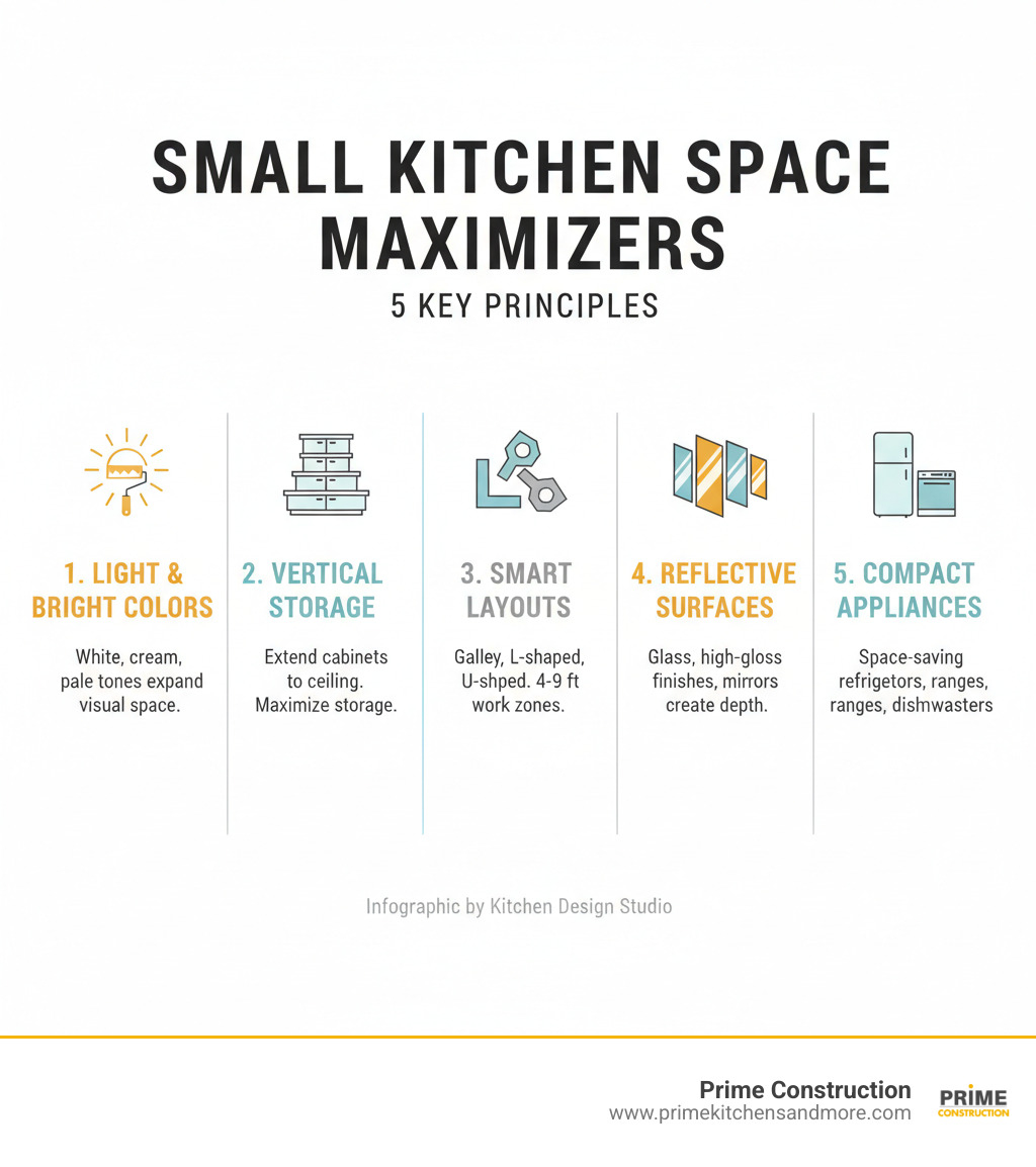 Infographic showing 5 key principles for maximizing small kitchen space: 1. Light & Bright Colors - Use white, cream, or pale tones to reflect light and expand visual space. 2. Vertical Storage - Extend cabinets to ceiling height to maximize storage without using floor space. 3. Smart Layouts - Implement galley, L-shaped, or U-shaped designs with 4-9 feet between work zones. 4. Reflective Surfaces - Incorporate glass, high-gloss finishes, and mirrors to bounce light and create depth. 5. Compact Appliances - Select space-saving refrigerators, ranges, and dishwashers designed for small kitchens. - beautiful small kitchens infographic Infographic showing 5 key principles for maximizing small kitchen space: 1. Light & Bright Colors - Use white, cream, or pale tones to reflect light and expand visual space. 2. Vertical Storage - Extend cabinets to ceiling height to maximize storage without using floor space. 3. Smart Layouts - Implement galley, L-shaped, or U-shaped designs with 4-9 feet between work zones. 4. Reflective Surfaces - Incorporate glass, high-gloss finishes, and mirrors to bounce light and create depth. 5. Compact Appliances - Select space-saving refrigerators, ranges, and dishwashers designed for small kitchens. - beautiful small kitchens infographic
