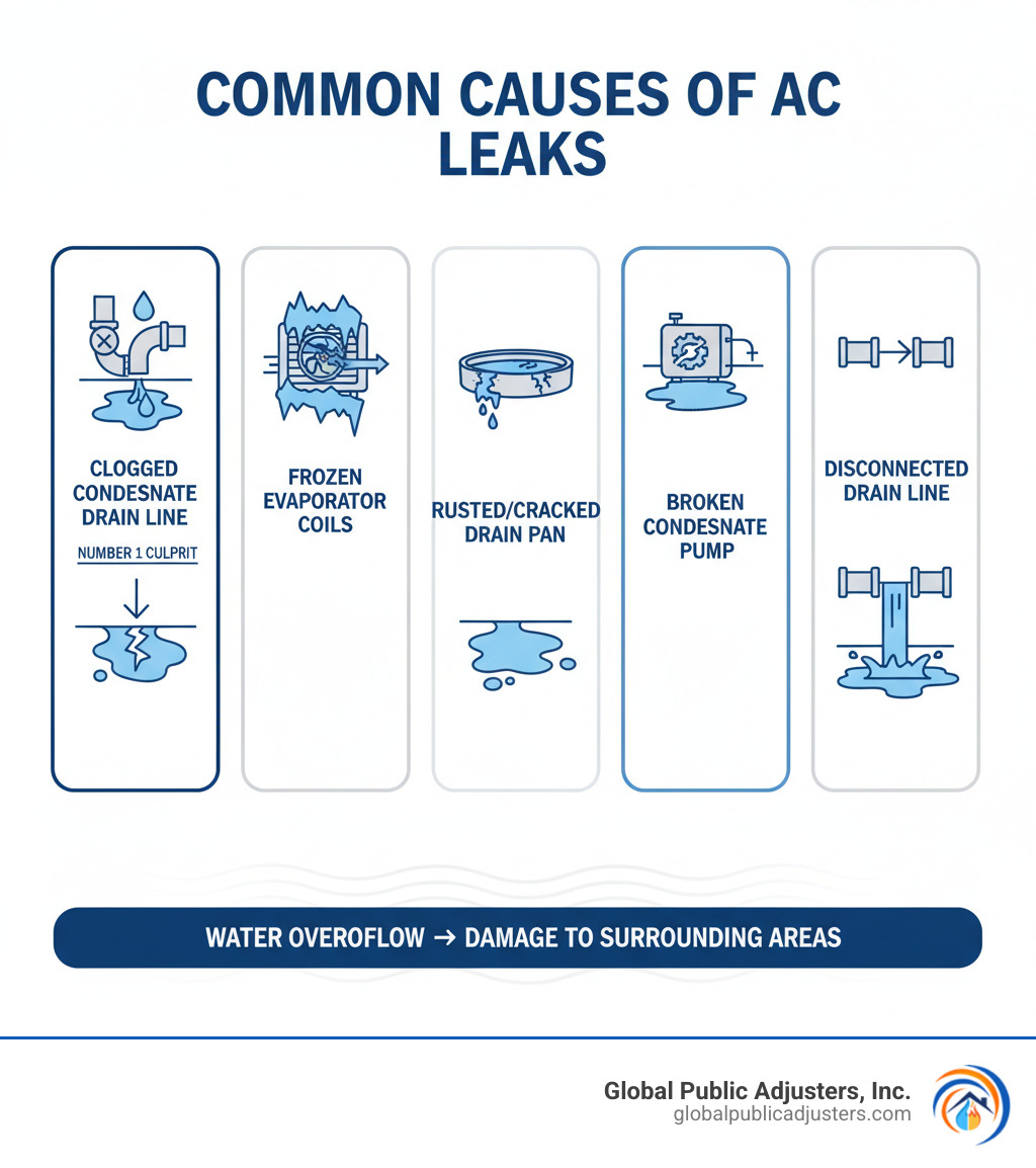 Infographic showing the most common causes of AC leaks: clogged condensate drain line (the number one culprit), frozen evaporator coils from restricted airflow, rusted or cracked drain pans in older units, broken condensate pumps that fail to remove water, and disconnected drain lines. The graphic illustrates how each issue leads to water overflow and potential damage to surrounding areas. - ac leak damage insurance claim infographic Infographic showing the most common causes of AC leaks: clogged condensate drain line (the number one culprit), frozen evaporator coils from restricted airflow, rusted or cracked drain pans in older units, broken condensate pumps that fail to remove water, and disconnected drain lines. The graphic illustrates how each issue leads to water overflow and potential damage to surrounding areas. - ac leak damage insurance claim infographic