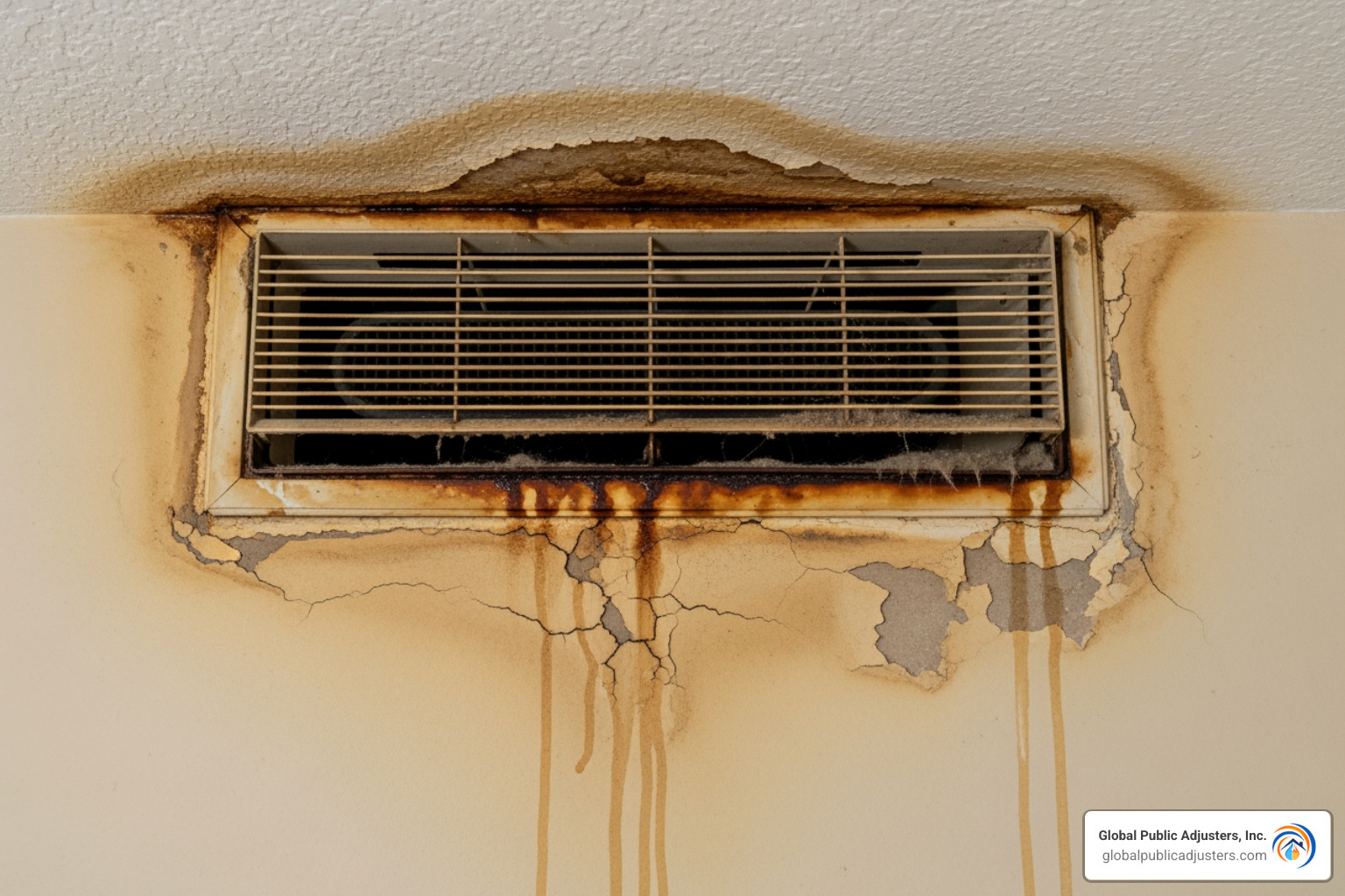 Water-stained ceiling and wall near an air conditioning vent, showing signs of damage beyond the immediate area of the leak. - ac leak damage insurance claim Water-stained ceiling and wall near an air conditioning vent, showing signs of damage beyond the immediate area of the leak. - ac leak damage insurance claim