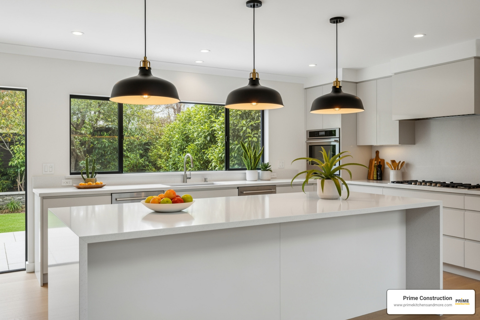Kitchen island with a quartz waterfall edge and stylish pendant lights - kitchen remodel Winter Park Kitchen island with a quartz waterfall edge and stylish pendant lights - kitchen remodel Winter Park
