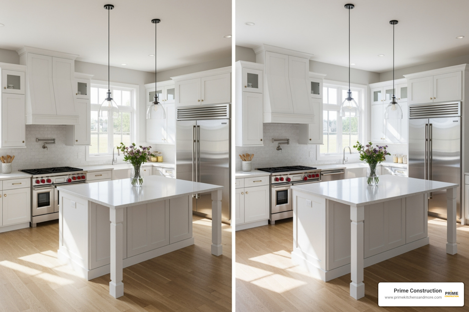 3D kitchen design rendering next to the completed project photo - kitchen remodel Winter Park 3D kitchen design rendering next to the completed project photo - kitchen remodel Winter Park