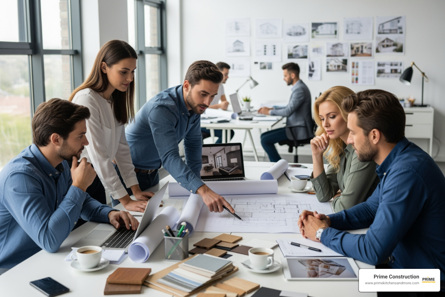 Design team collaborating with a homeowner over blueprints - kitchen remodel Winter Park Design team collaborating with a homeowner over blueprints - kitchen remodel Winter Park