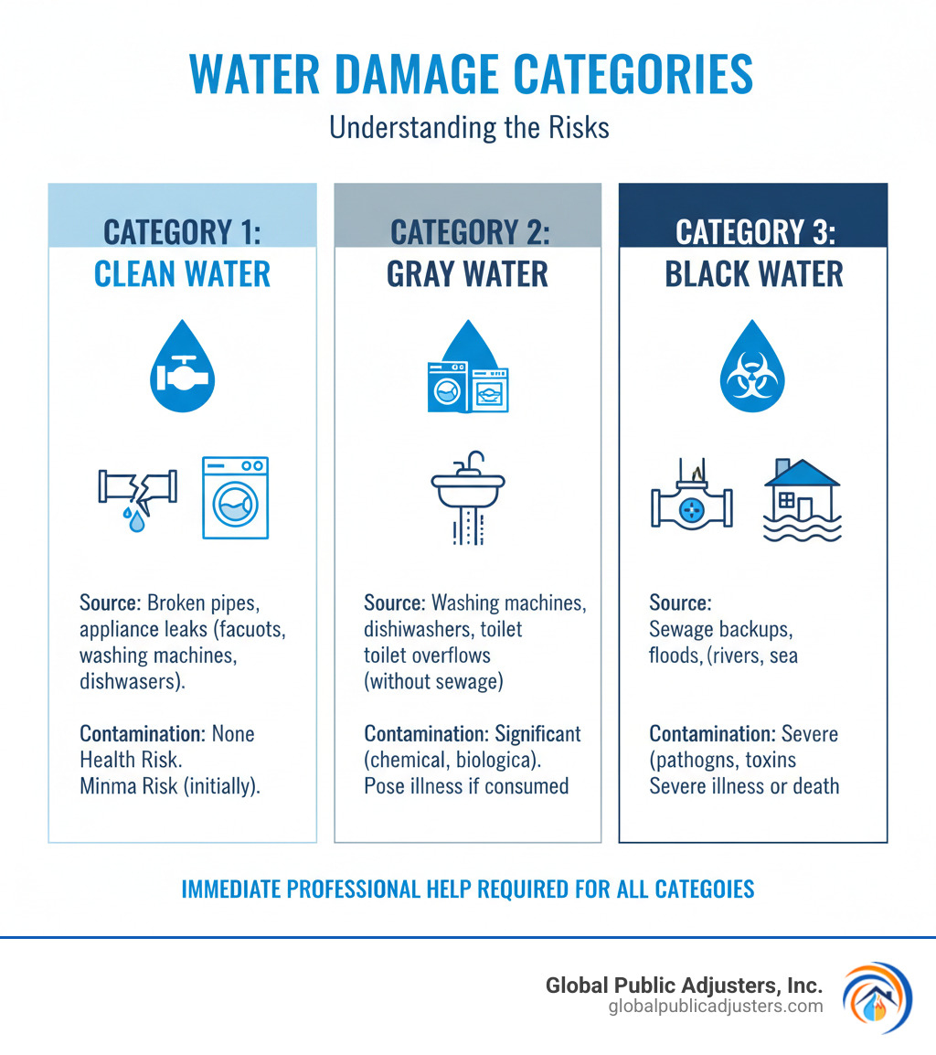 Infographic explaining the three categories of water damage: Category 1 Clean Water from broken pipes and appliances, Category 2 Gray Water from washing machines and dishwashers with some contamination, and Category 3 Black Water from sewage and flooding with severe health risks - water damage specialist infographic Infographic explaining the three categories of water damage: Category 1 Clean Water from broken pipes and appliances, Category 2 Gray Water from washing machines and dishwashers with some contamination, and Category 3 Black Water from sewage and flooding with severe health risks - water damage specialist infographic