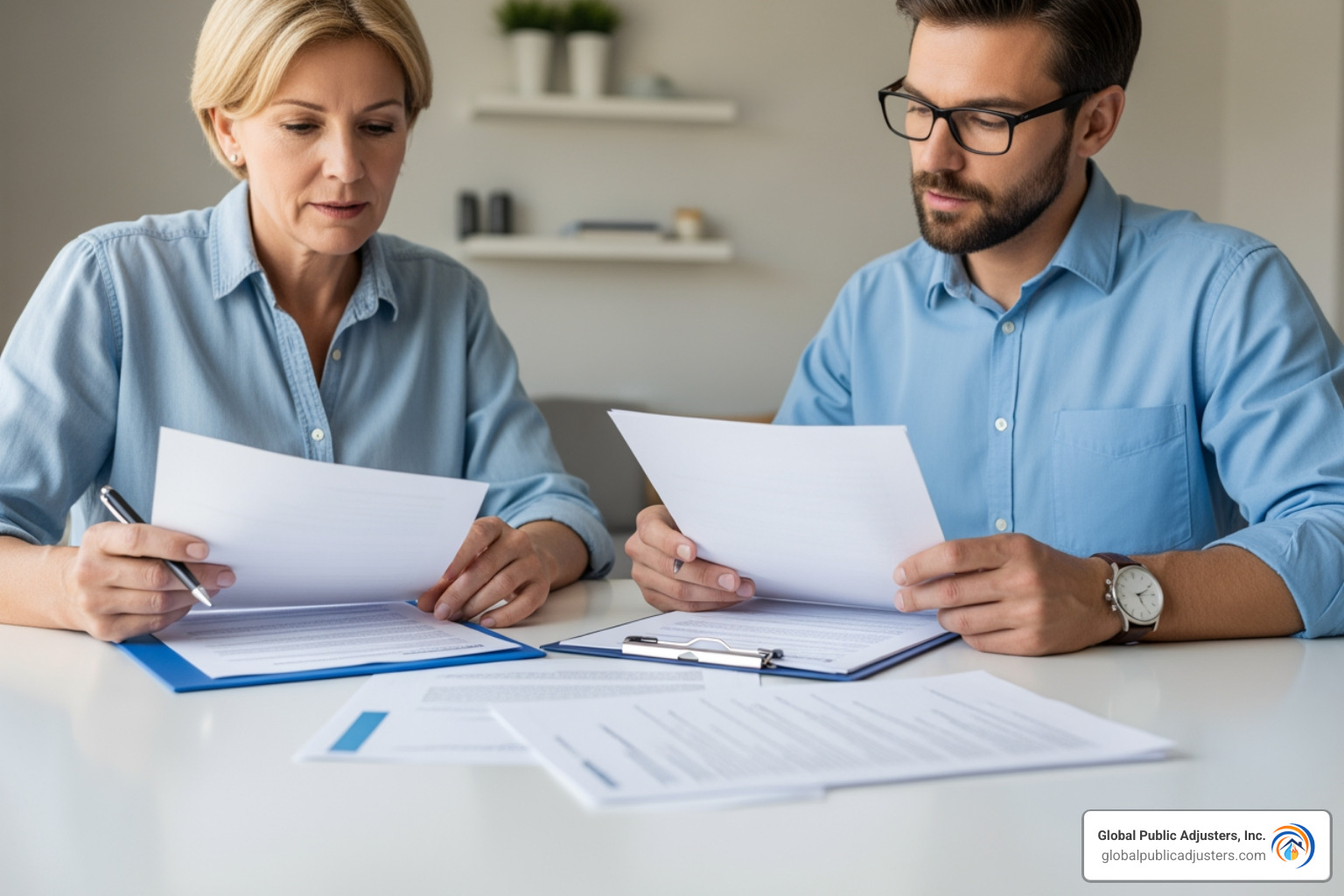 Homeowner reviewing paperwork with an adjuster - Flood damage adjuster Homeowner reviewing paperwork with an adjuster - Flood damage adjuster