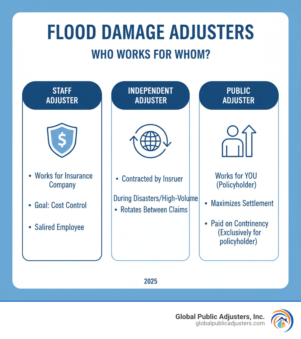 Infographic showing three types of flood damage adjusters with icons: Staff Adjuster (works for insurance company, goal is cost control), Independent Adjuster (contracted by insurer during disasters, rotates between claims), and Public Adjuster (works exclusively for policyholder, maximizes settlement, paid on contingency) - Flood damage adjuster infographic Infographic showing three types of flood damage adjusters with icons: Staff Adjuster (works for insurance company, goal is cost control), Independent Adjuster (contracted by insurer during disasters, rotates between claims), and Public Adjuster (works exclusively for policyholder, maximizes settlement, paid on contingency) - Flood damage adjuster infographic