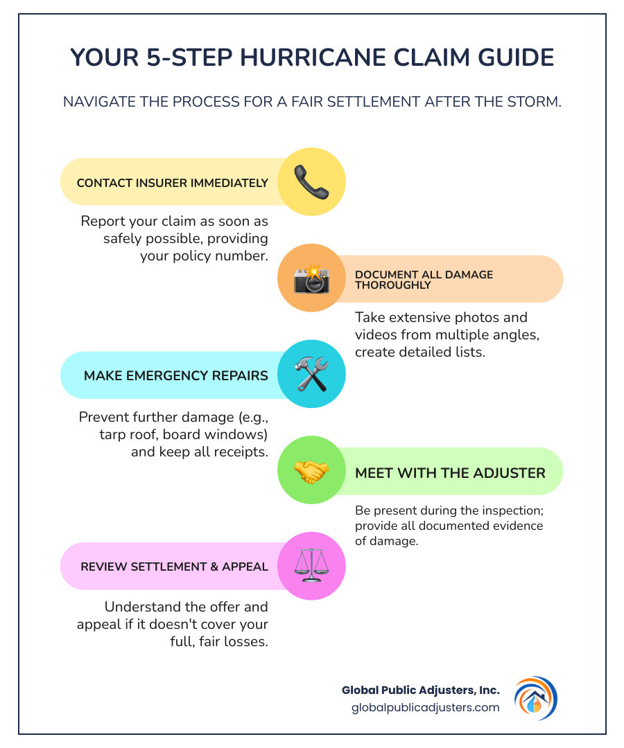 Infographic showing 5 key steps: 1. Contact insurer immediately with policy number, 2. Document all damage with photos and detailed lists, 3. Make emergency repairs and save receipts, 4. Meet with adjuster and provide documentation, 5. Review settlement and appeal if necessary - hurricane insurance claim infographic infographic-line-5-steps-colors Infographic showing 5 key steps: 1. Contact insurer immediately with policy number, 2. Document all damage with photos and detailed lists, 3. Make emergency repairs and save receipts, 4. Meet with adjuster and provide documentation, 5. Review settlement and appeal if necessary - hurricane insurance claim infographic infographic-line-5-steps-colors