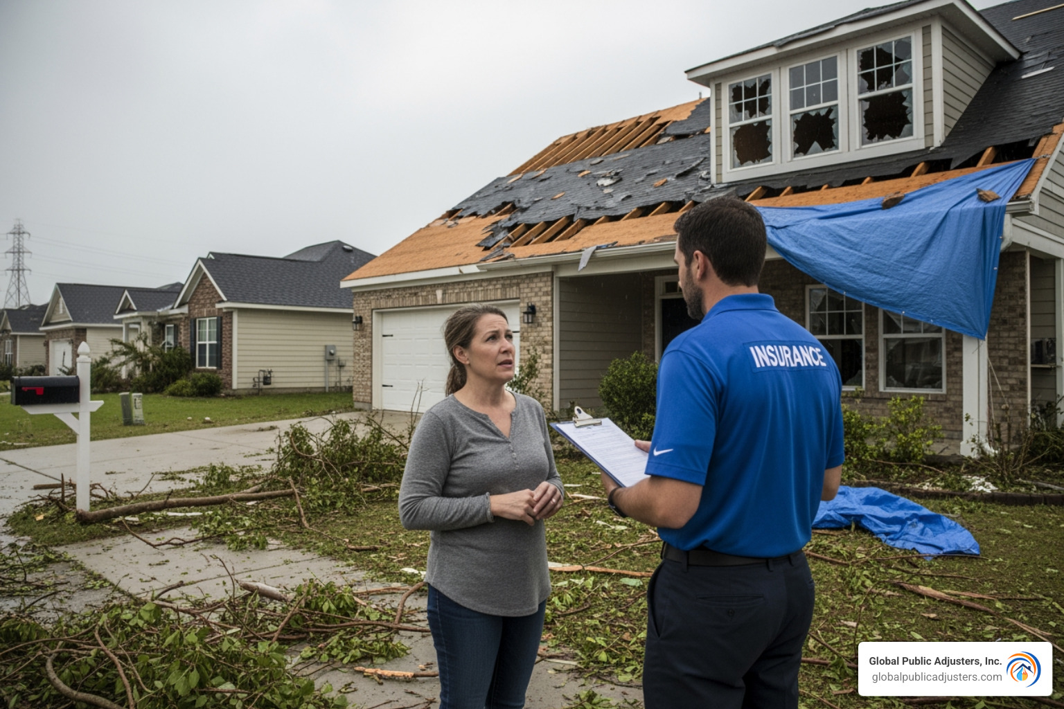 a homeowner meeting with an insurance adjuster outside a damaged property - hurricane insurance claim a homeowner meeting with an insurance adjuster outside a damaged property - hurricane insurance claim