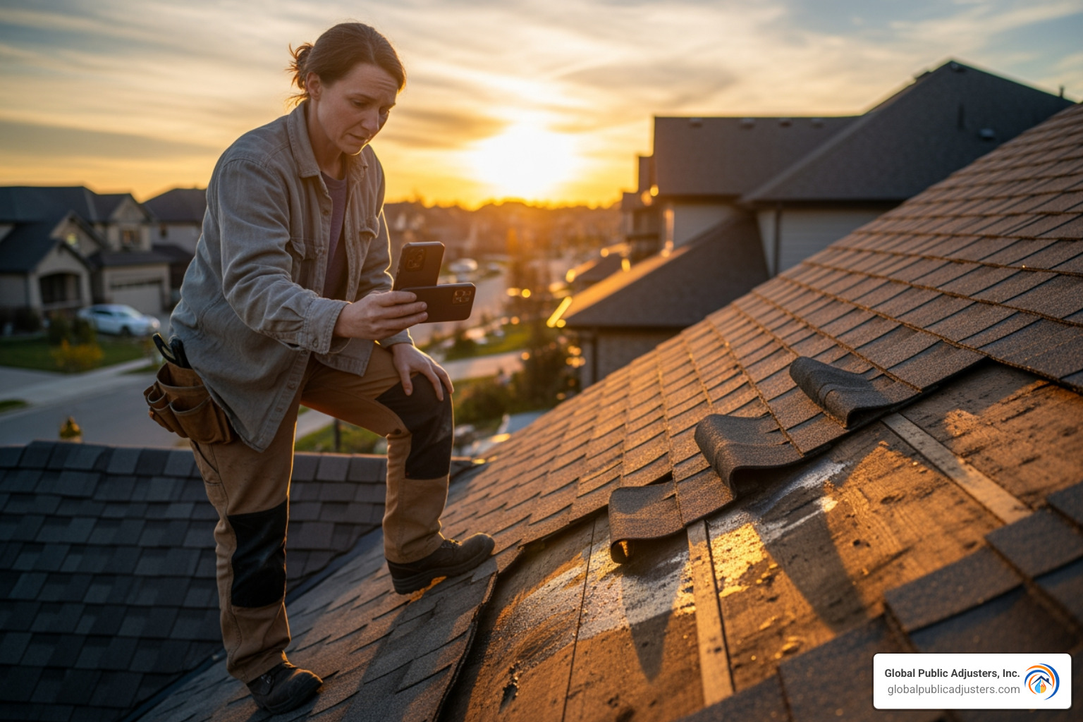 a homeowner taking photos of a damaged roof with a smartphone - hurricane insurance claim a homeowner taking photos of a damaged roof with a smartphone - hurricane insurance claim