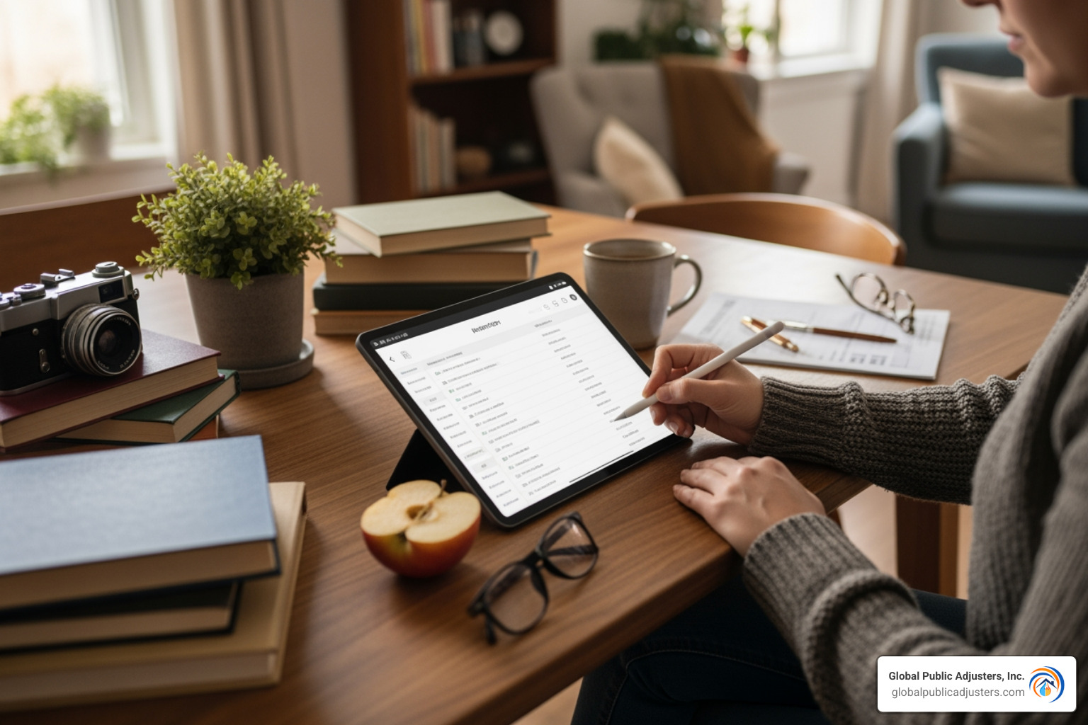 a person creating a home inventory list on a tablet - hurricane insurance claim a person creating a home inventory list on a tablet - hurricane insurance claim