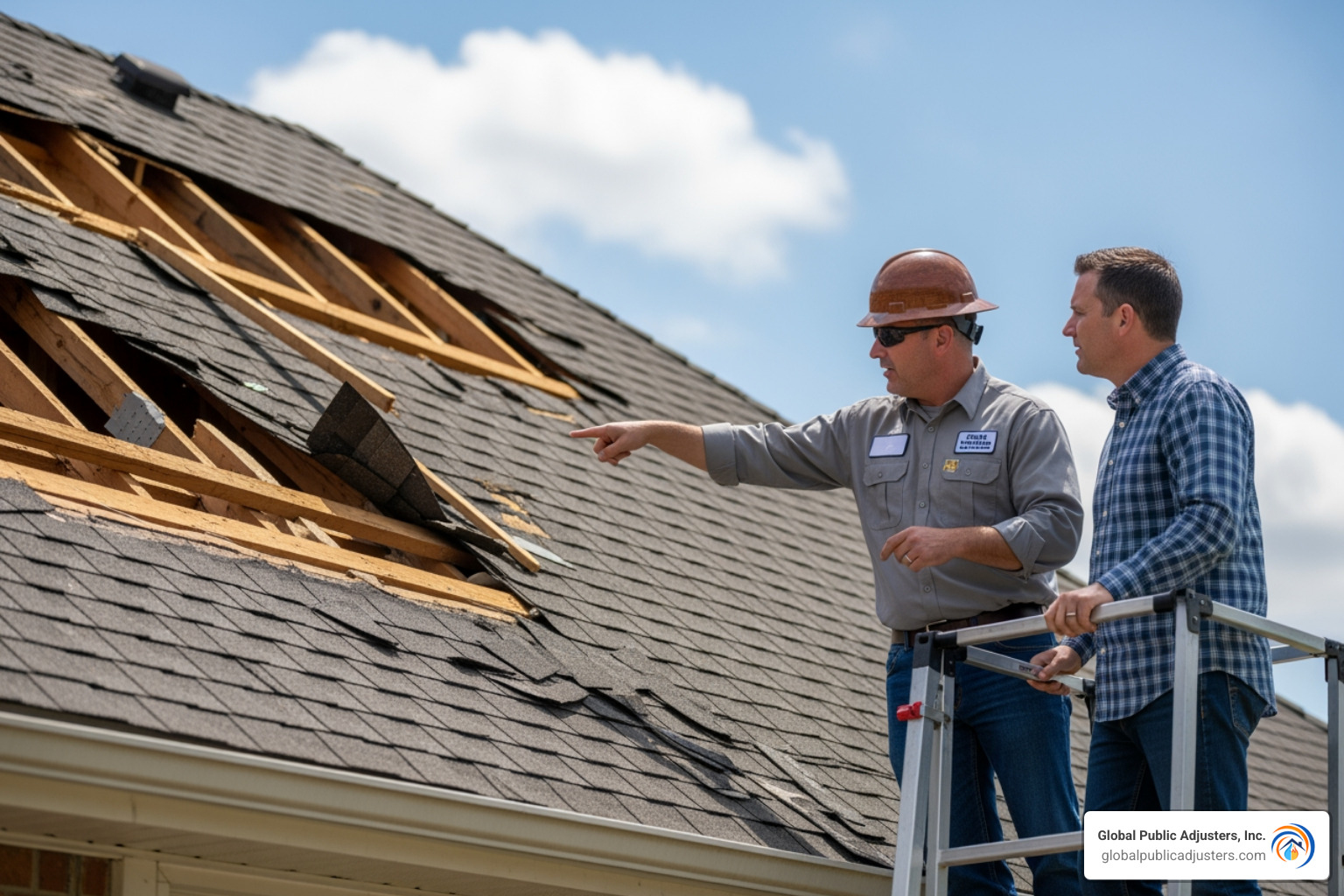 A public adjuster in a hard hat pointing to structural damage on a roof, explaining it to a homeowner. - can you negotiate a settlement with an insurance company A public adjuster in a hard hat pointing to structural damage on a roof, explaining it to a homeowner. - can you negotiate a settlement with an insurance company