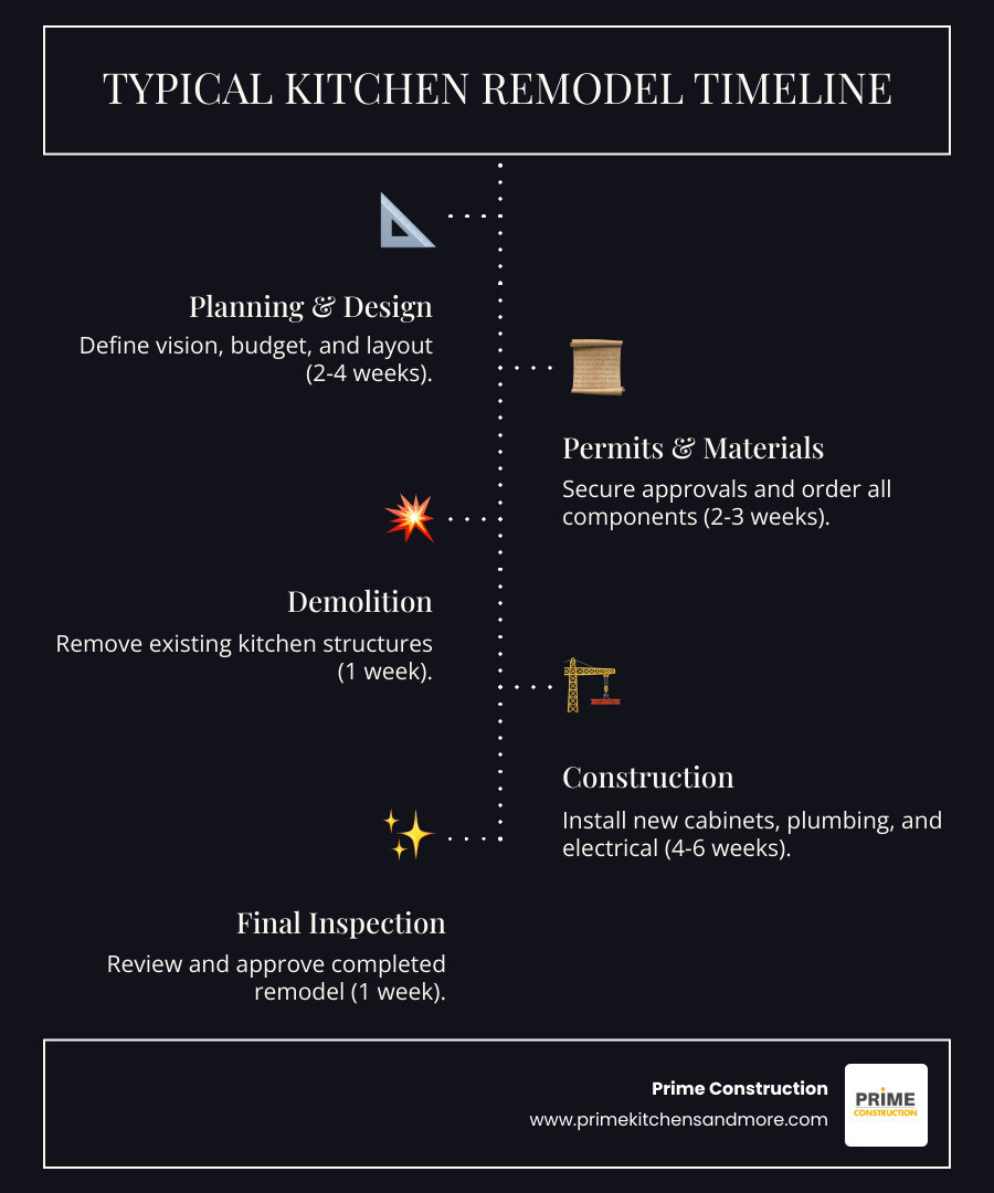 Infographic showing the typical kitchen remodel process: Step 1 - Planning & Design (2-4 weeks), Step 2 - Permits & Material Orders (2-3 weeks), Step 3 - Demolition (1 week), Step 4 - Construction (4-6 weeks), Step 5 - Final Inspection (1 week). Total timeline: 10-16 weeks for a complete kitchen remodel. - contractor kitchen infographic infographic-line-5-steps-dark Infographic showing the typical kitchen remodel process: Step 1 - Planning & Design (2-4 weeks), Step 2 - Permits & Material Orders (2-3 weeks), Step 3 - Demolition (1 week), Step 4 - Construction (4-6 weeks), Step 5 - Final Inspection (1 week). Total timeline: 10-16 weeks for a complete kitchen remodel. - contractor kitchen infographic infographic-line-5-steps-dark