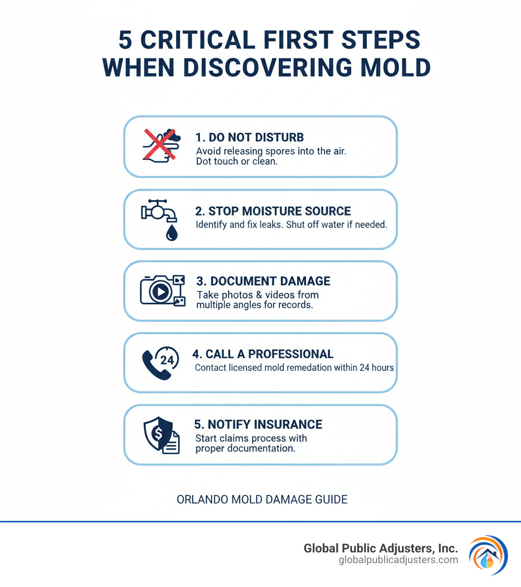 Infographic showing the 5 critical first steps when discovering mold: 1. Do not disturb the mold growth as this releases spores into the air. 2. Identify and stop the moisture source immediately - shut off water supply if needed. 3. Document all visible damage with photos and videos from multiple angles. 4. Contact a licensed mold remediation professional within 24 hours. 5. Notify your insurance company and begin the claims process with proper documentation. - Orlando mold damage infographic Infographic showing the 5 critical first steps when discovering mold: 1. Do not disturb the mold growth as this releases spores into the air. 2. Identify and stop the moisture source immediately - shut off water supply if needed. 3. Document all visible damage with photos and videos from multiple angles. 4. Contact a licensed mold remediation professional within 24 hours. 5. Notify your insurance company and begin the claims process with proper documentation. - Orlando mold damage infographic