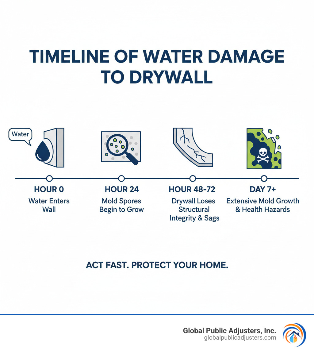 Infographic showing the timeline of water damage to drywall: Hour 0 - water enters wall; Hour 24 - mold spores begin to grow; Hour 48-72 - drywall loses structural integrity and begins to sag; Day 7+ - extensive mold growth and potential health hazards - how to find a specialist for repairing water-damaged drywall infographic Infographic showing the timeline of water damage to drywall: Hour 0 - water enters wall; Hour 24 - mold spores begin to grow; Hour 48-72 - drywall loses structural integrity and begins to sag; Day 7+ - extensive mold growth and potential health hazards - how to find a specialist for repairing water-damaged drywall infographic